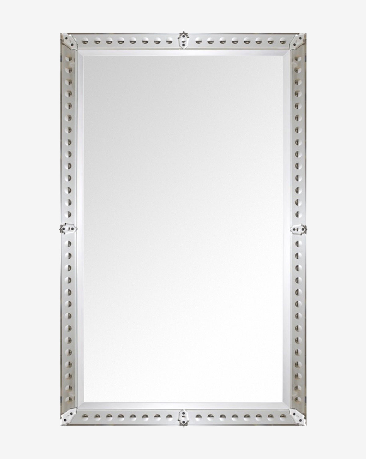 The Truman Mirror is a white rectangular mirror with silver trim, featuring an elegant beveled edge design, by McGee & Co.