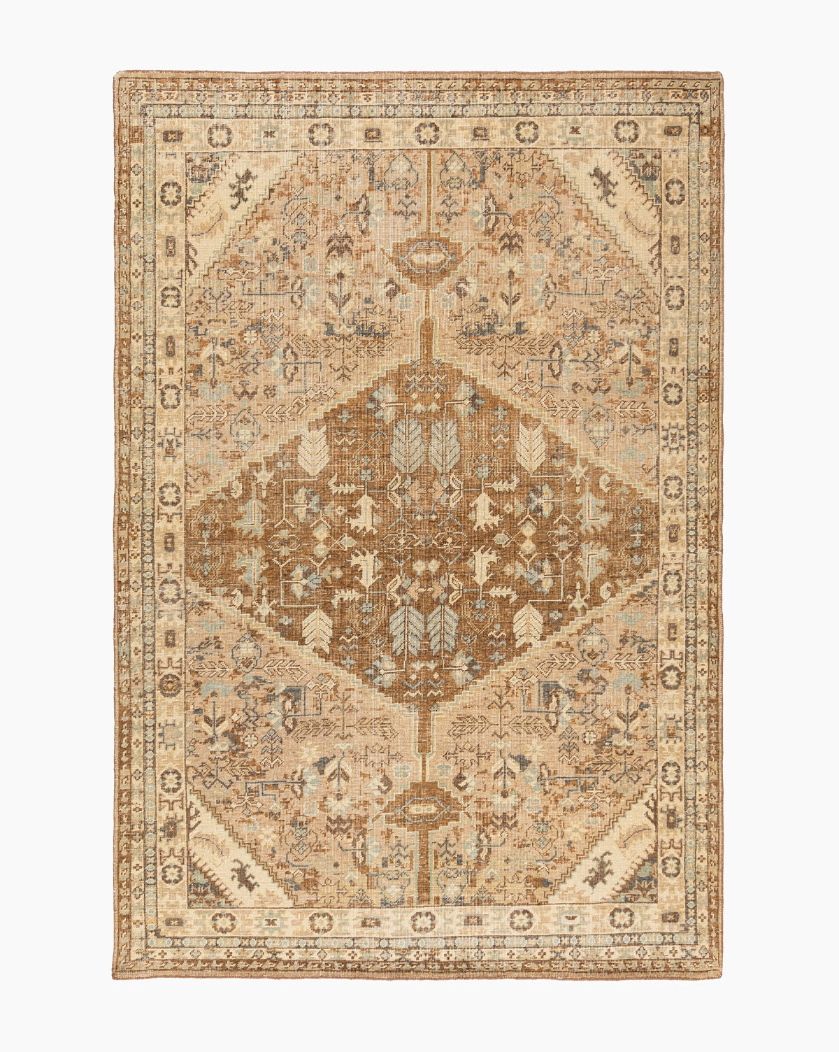 The Tulie Hand-Knotted Wool Rug features a rectangular shape with an intricate symmetrical pattern in beige, tan, and brown, highlighted by a central medallion, floral motifs, and a detailed border for a timeless traditional style, by McGee & Co.
