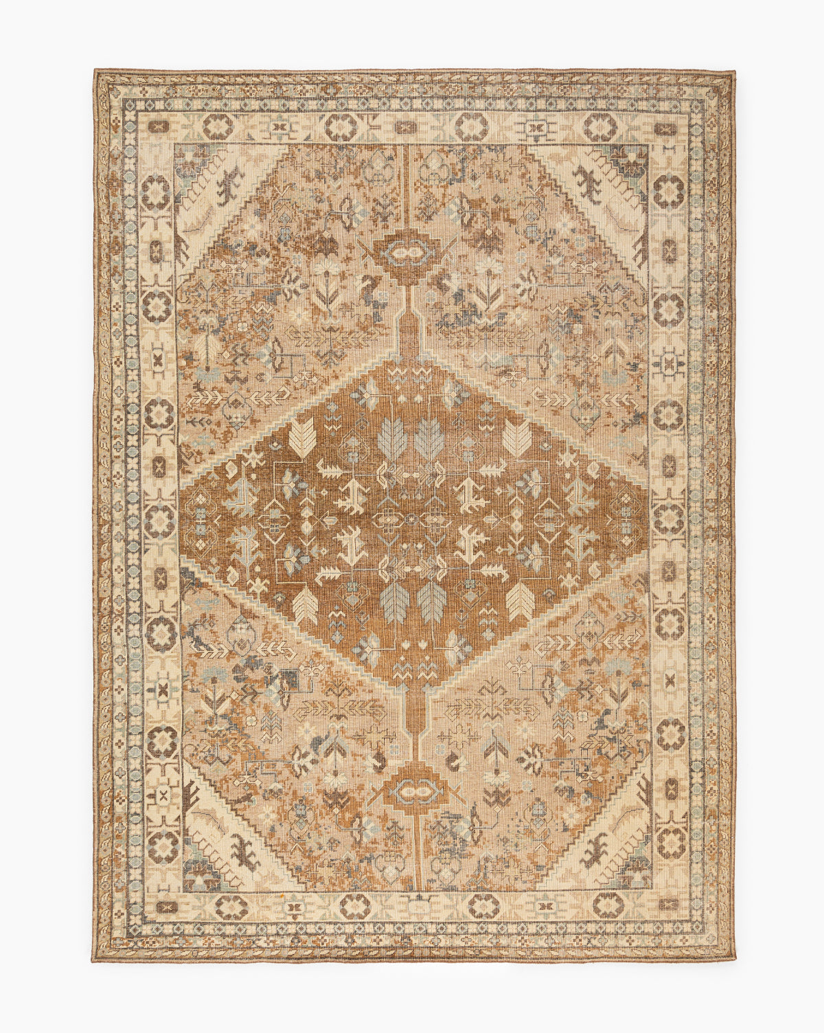 The Tulie Hand-Knotted Wool Rug features a vintage rectangular design with intricate geometric and floral patterns in brown, beige, and cream, highlighted by a central diamond medallion and detailed border, by McGee & Co.