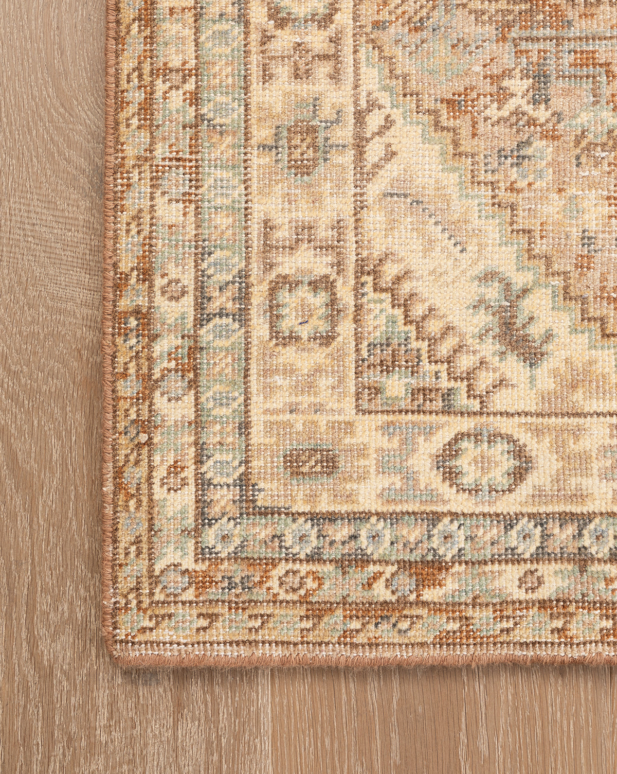 A close-up of the Tulie Hand-Knotted Wool Rug shows its traditional beige, tan, blue, and brown geometric pattern with a detailed border, resting on a light wood floor, by McGee & Co.