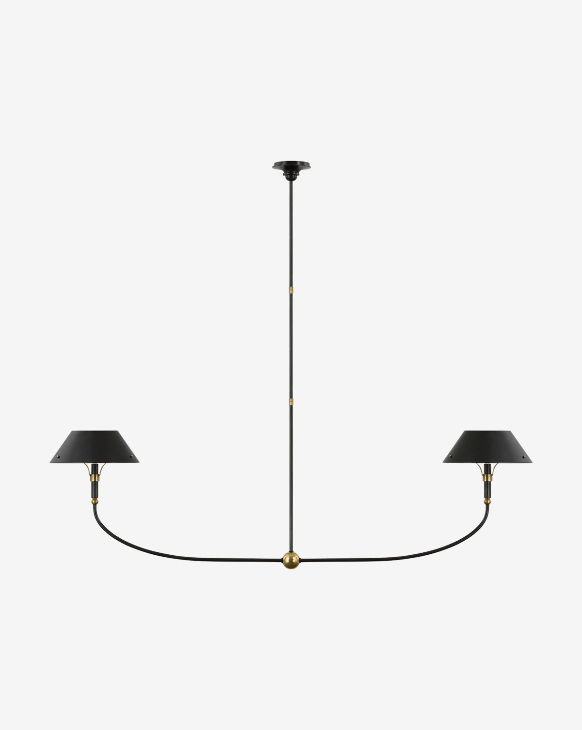 The Turlington Chandelier by Visual Comfort & Co. Signature features a minimalist black design with two cone-shaped lampshades on a curved rod, brass accents, and modern style inspired by the original Turlington fixture. McGee & Co.
