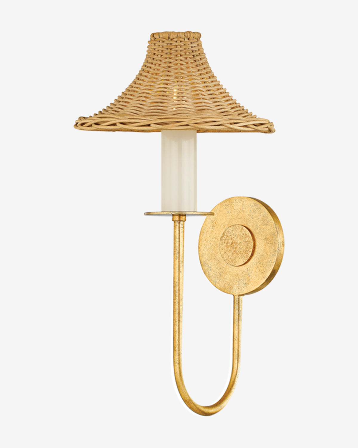 The Twila Sconce by Hudson Valley Lighting showcases a gold metal base, circular backplate, and curved arm, topped with a woven rattan shade that adds natural texture to its modern design—McGee & Co.
