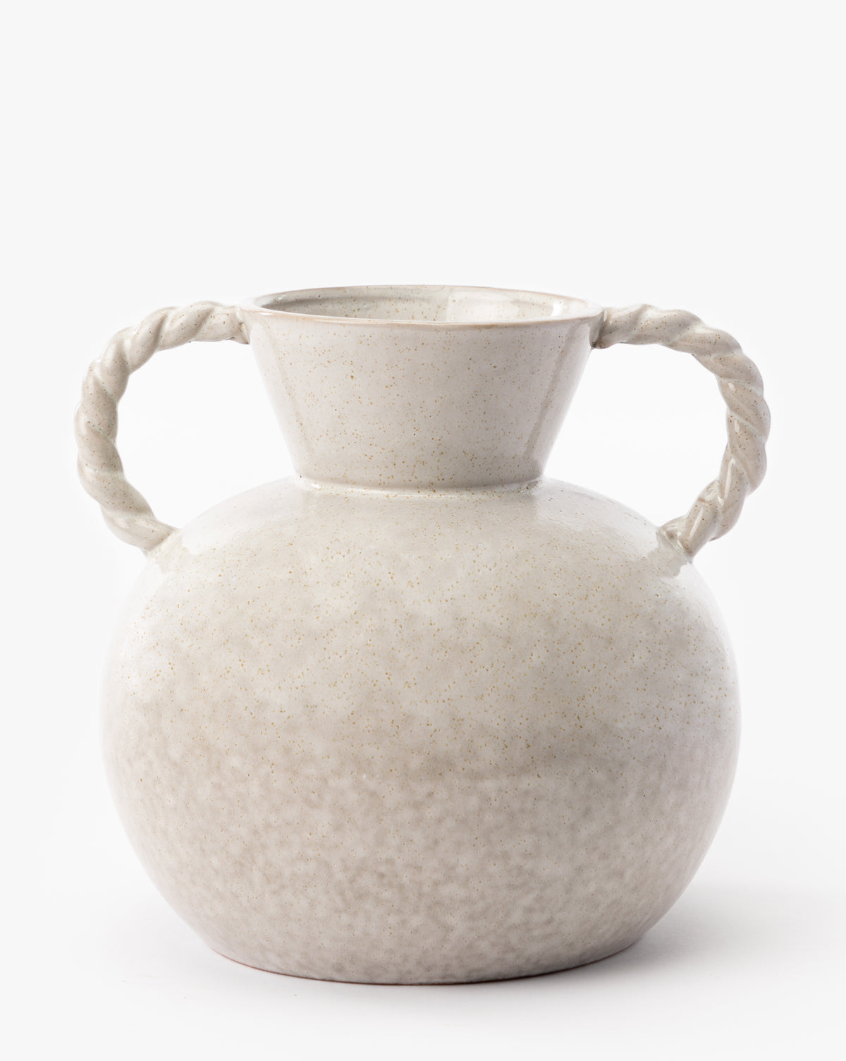 The Tyrion Vase is a round, off-white ceramic piece featuring a narrow neck and two twisted rope-style handles. Vintage-inspired, it brings timeless charm to rustic decor. Displayed against a plain white background.