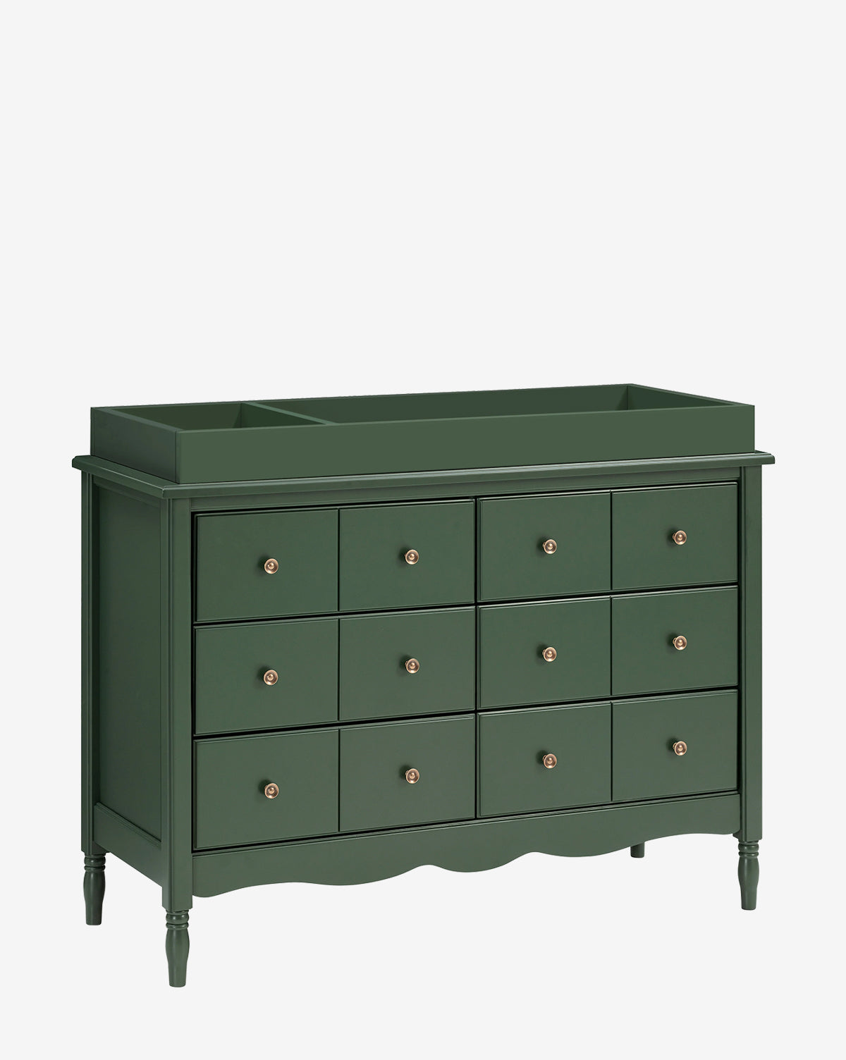 The Universal Wide Removable Changing Tray, a dark green wooden dresser with twelve drawers and round knobs, features raised top edges and stands on four turned legs—ideal for use as a changing table or for organizing baby essentials, by McGee & Co.