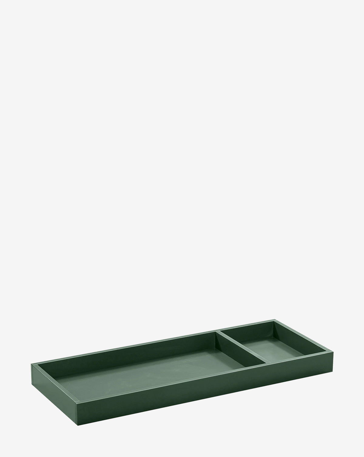 The Universal Wide Removable Changing Tray, in rectangular dark green, features one large and one small compartment for organizing baby essentials and is displayed on a plain white background, by McGee & Co.