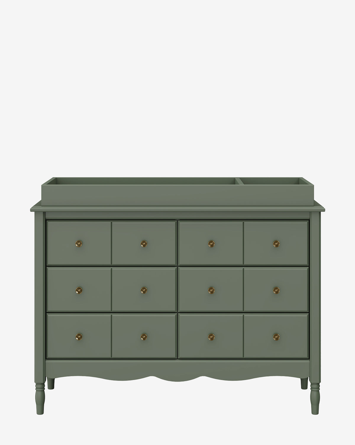 The Universal Wide Removable Changing Tray sits atop a green wooden dresser with twelve drawers, brass knobs, a curved base, and raised edges—ideal for organizing baby essentials or diaper changes, by McGee & Co. Plain white background.