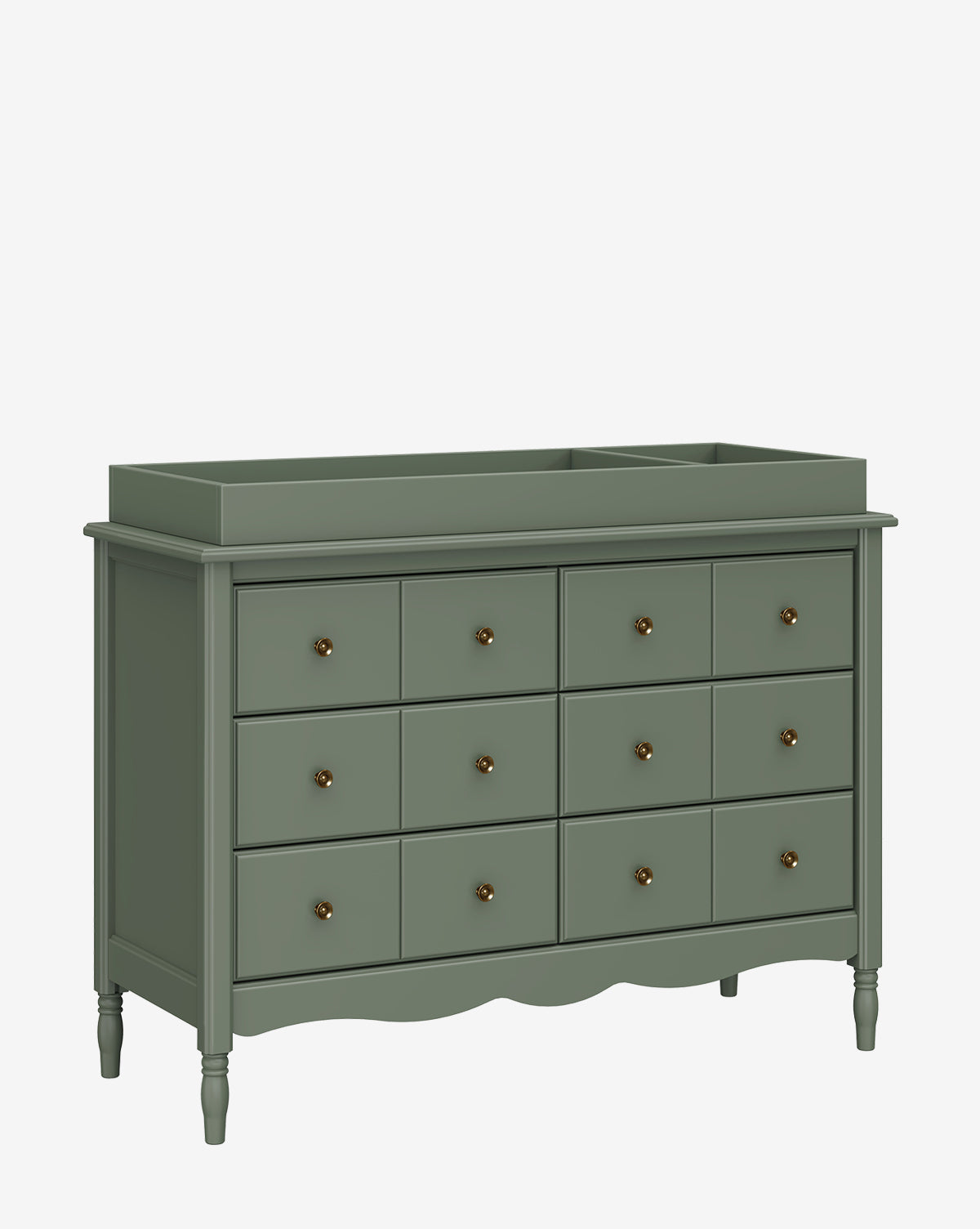 The Universal Wide Removable Changing Tray is a sage green wooden dresser with twelve drawers, gold knobs, a raised top edge for use as a changing table, decorative curved bottom detailing, and four turned legs, by McGee & Co.