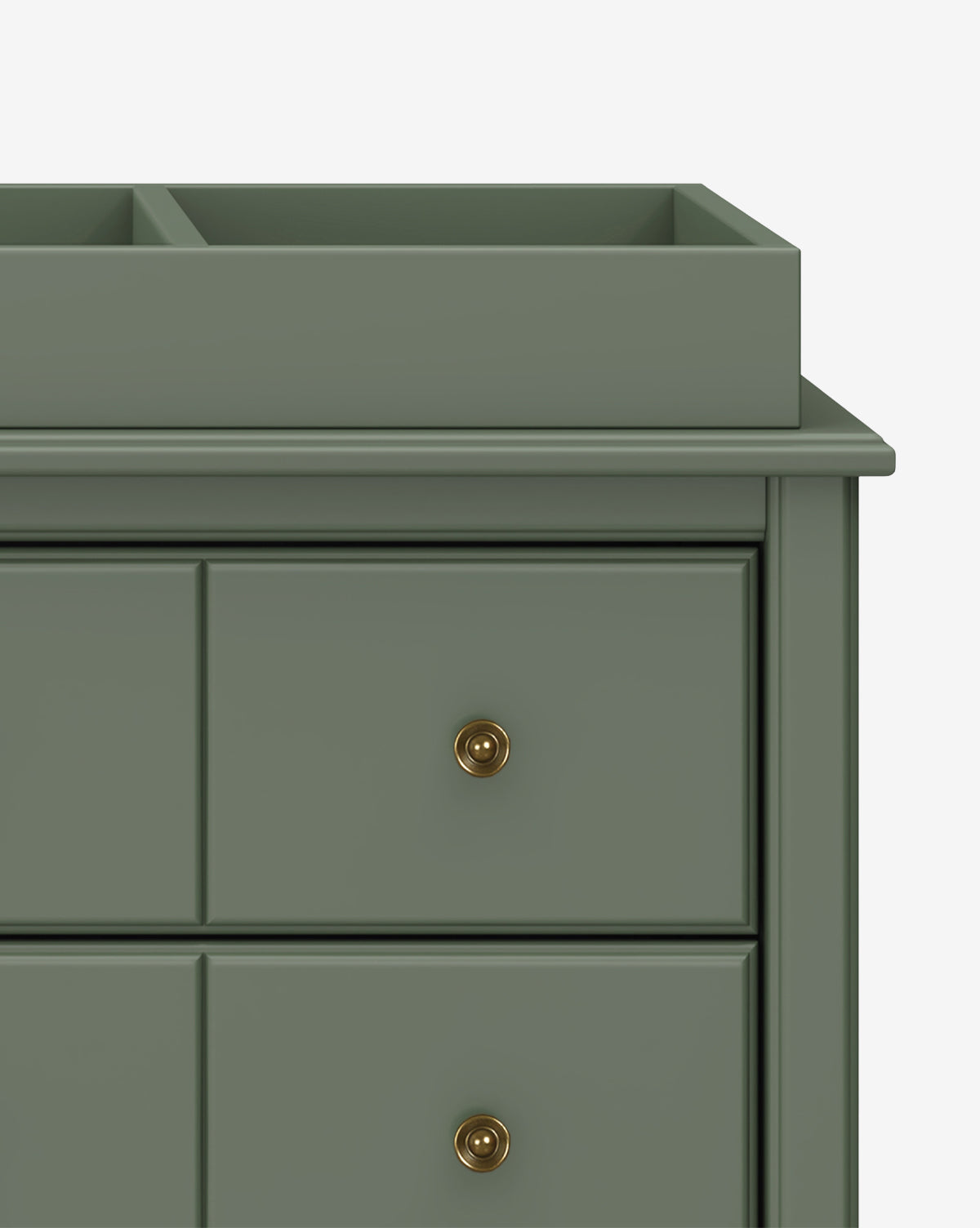 Close-up of the Universal Wide Removable Changing Tray in olive green with gold knobs and raised compartments, perfect for organizing baby essentials, shown against a white background, by McGee & Co.