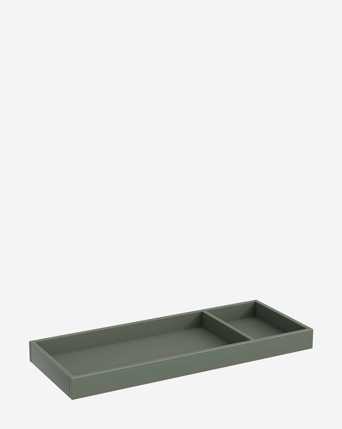 The Universal Wide Removable Changing Tray, in rectangular olive-green, features two compartments of different sizes—ideal for organizing baby essentials. Shown here on a white background, by McGee & Co.