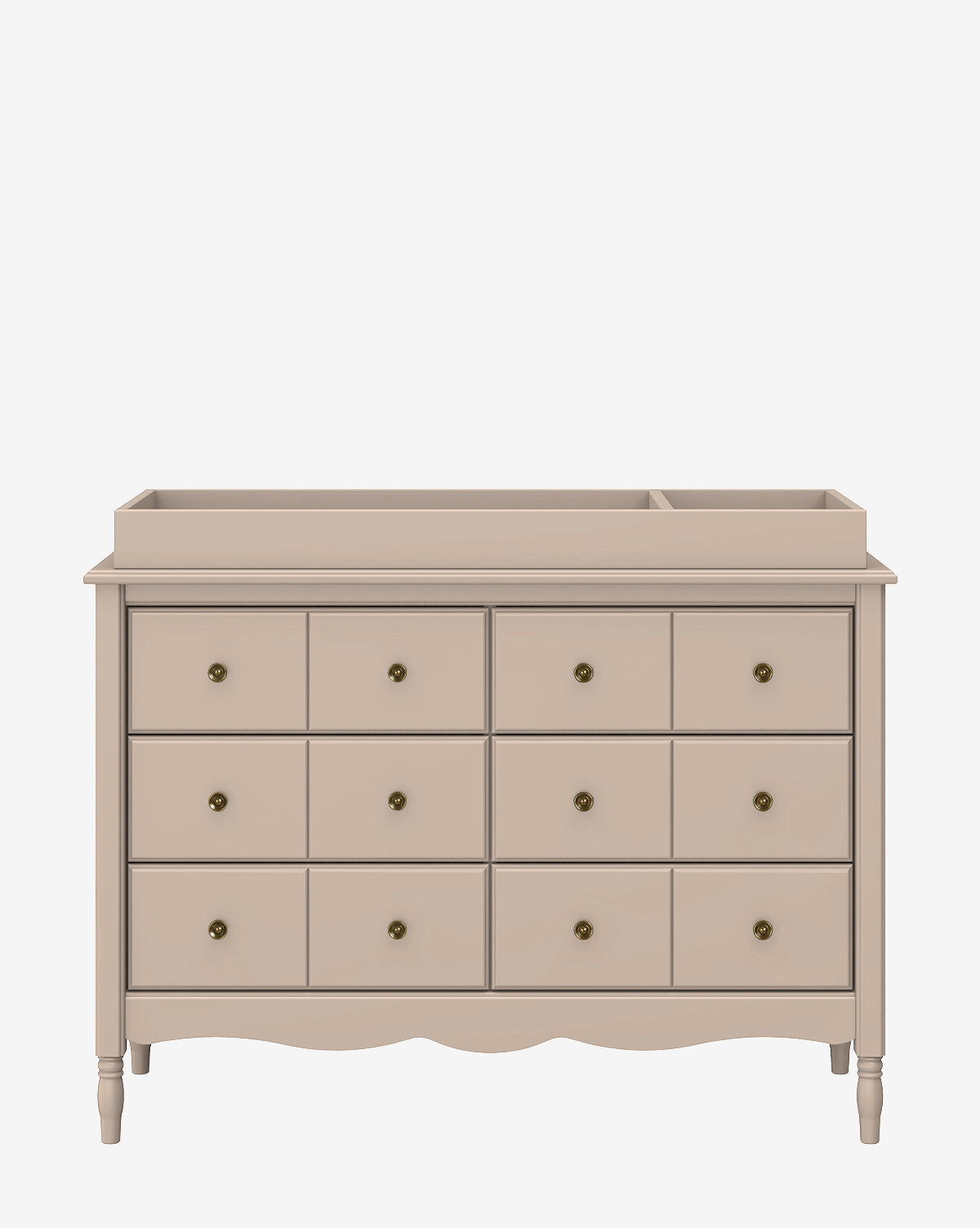 The Universal Wide Removable Changing Tray rests atop a beige wooden dresser with twelve round-knobbed drawers. Its raised-edged, dual-section top is perfect for organizing baby essentials or placing a changing tray, and it stands on four short legs by McGee & Co.