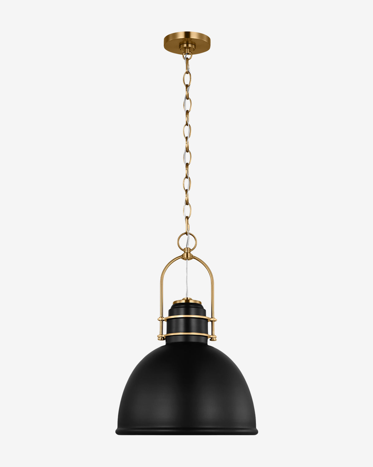 The Upland Extra Large Pendant showcases an industrial design with a black steel domed shade, gold accents, a matching gold chain, and a coordinating ceiling mount, by McGee & Co.
