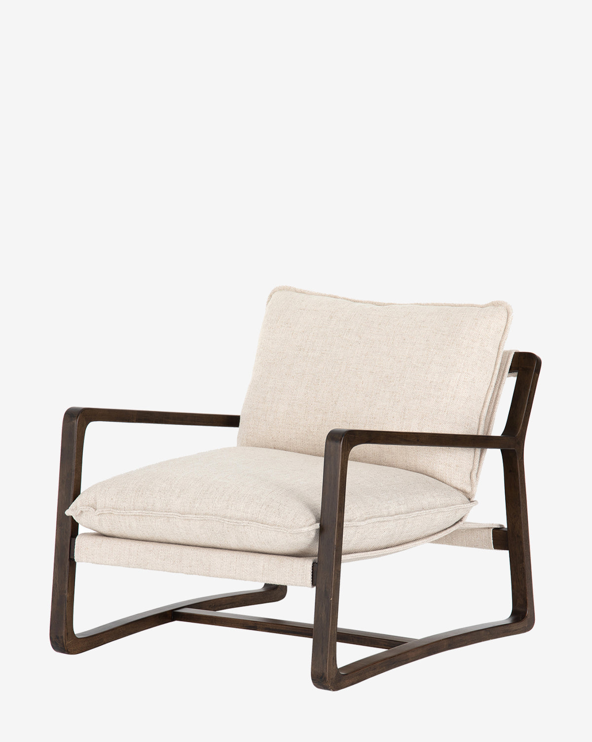 The Ura Lounge Chair showcases a modern design with a solid ash frame and light beige high-performance fabric cushions, displayed against a plain white background.