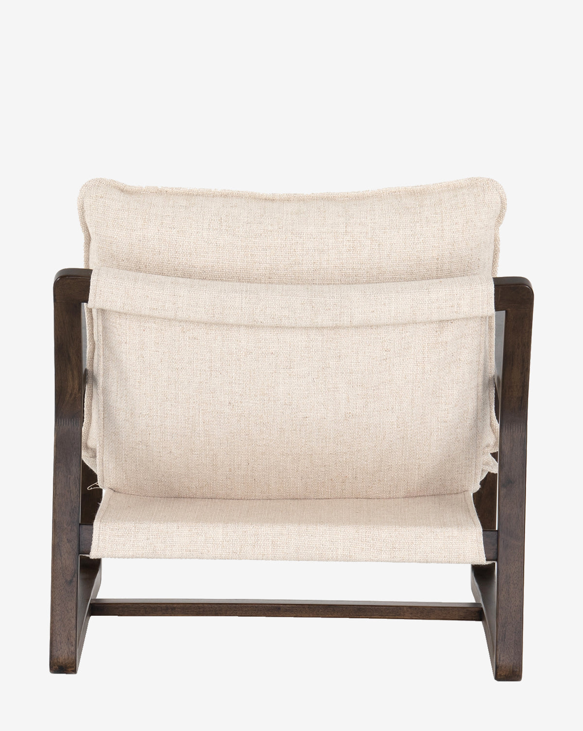 The Ura Lounge Chair, featuring a beige cushion and solid ash frame, is shown from the back against a white background, highlighting its elegant design and high-performance fabric.