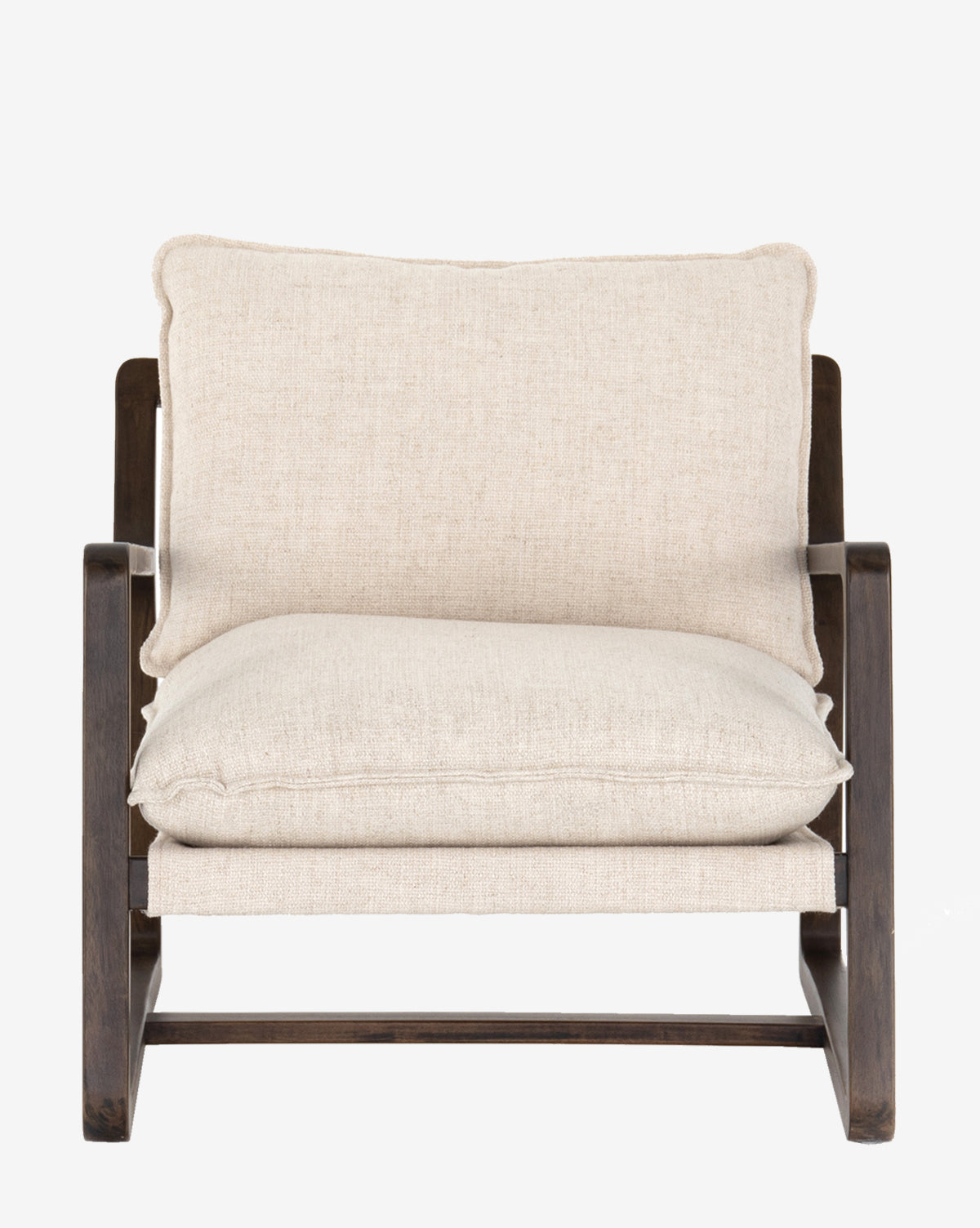 The Ura Lounge Chair features a solid ash frame and cream, plush high-performance fabric cushions on the seat and backrest, shown against a plain white background.