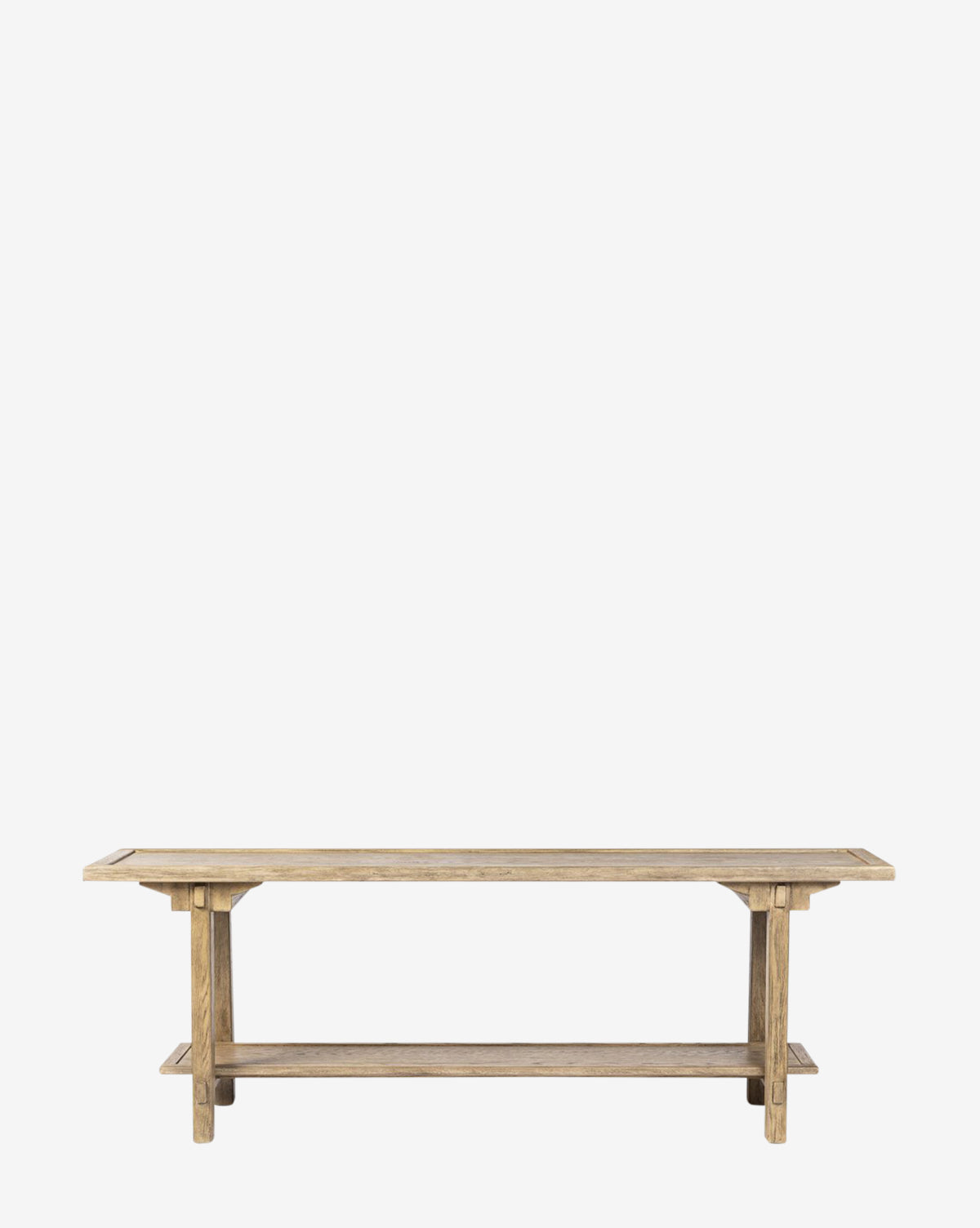 The Uriel Console Table features a long, rectangular distressed oak design with simple, clean lines and a lower support beam, set against a plain white background by McGee & Co.