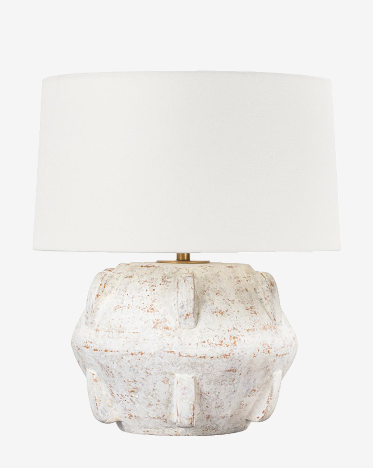 The Vanda Table Lamp by Troy Lighting boasts a textured off-white ceramic base with raised geometric patterns, accented by a whitewash finish, and is topped with a large round white lampshade for a modern, rustic appeal. McGee & Co.