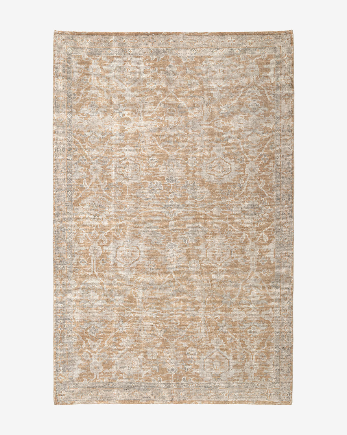 The Vanderwood Hand-Knotted Wool Rug is rectangular, beige and light gray, featuring a subtle, intricate floral and geometric pattern. Shown from above on a white background, by McGee & Co.