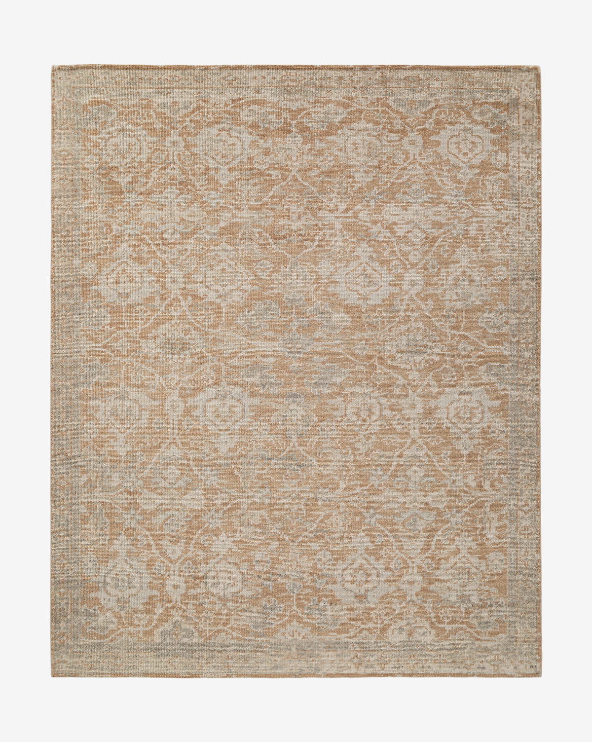 The Vanderwood Hand-Knotted Wool Rug is a rectangular traditional piece with a muted beige and light gray floral pattern, showcasing intricate vintage-style designs and a subtle border around the edges, by McGee & Co.