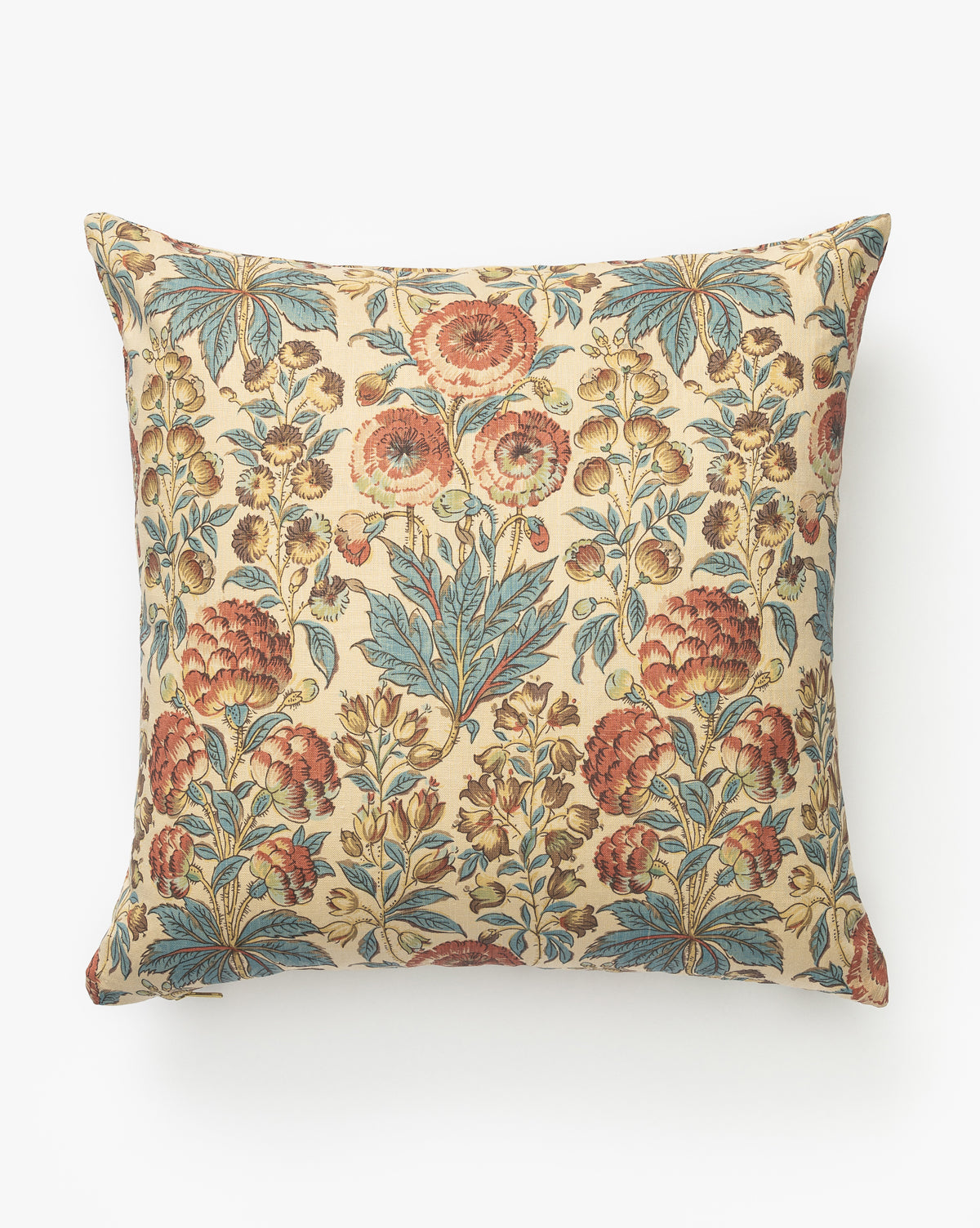 The Vardalos Pillow Cover is a square linen cover with a beige background, showcasing a detailed floral pattern in red, blue, and green for a vintage botanical look, by McGee & Co.