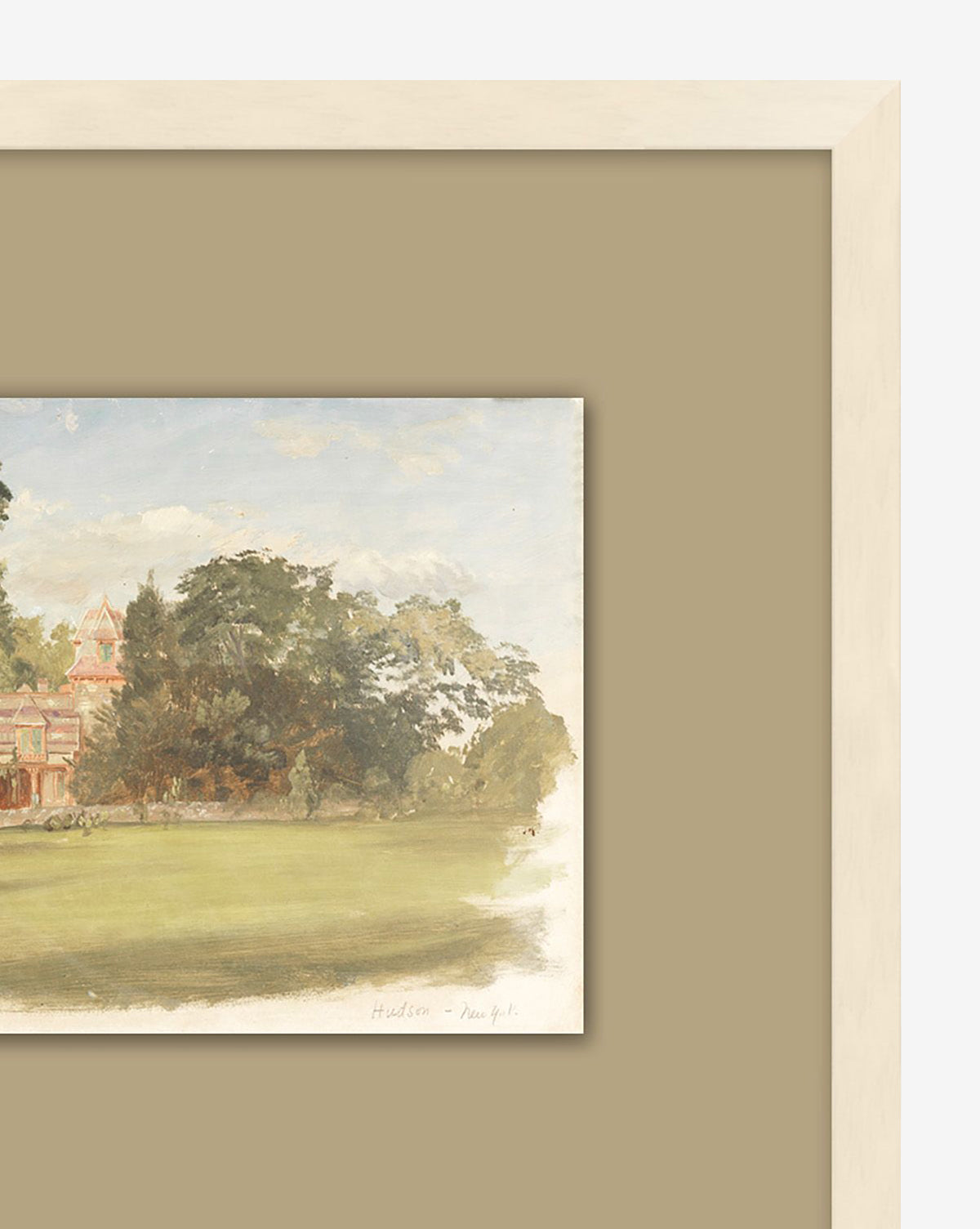 Vast Acres giclee print depicts a large green lawn with trees and a red-roofed building, elegantly matted in beige and framed in white—an ideal accent to enhance your wall décor, by McGee & Co.