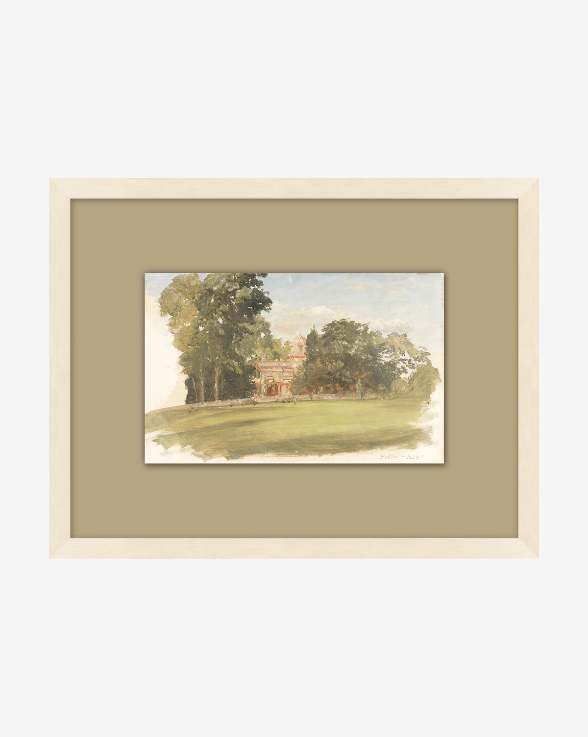 Vast Acres: A giclee print of a house amid large trees on a grassy lawn with blue sky, beautifully presented in a light wood frame and beige mat—perfect for enhancing your wall décor, by McGee & Co.