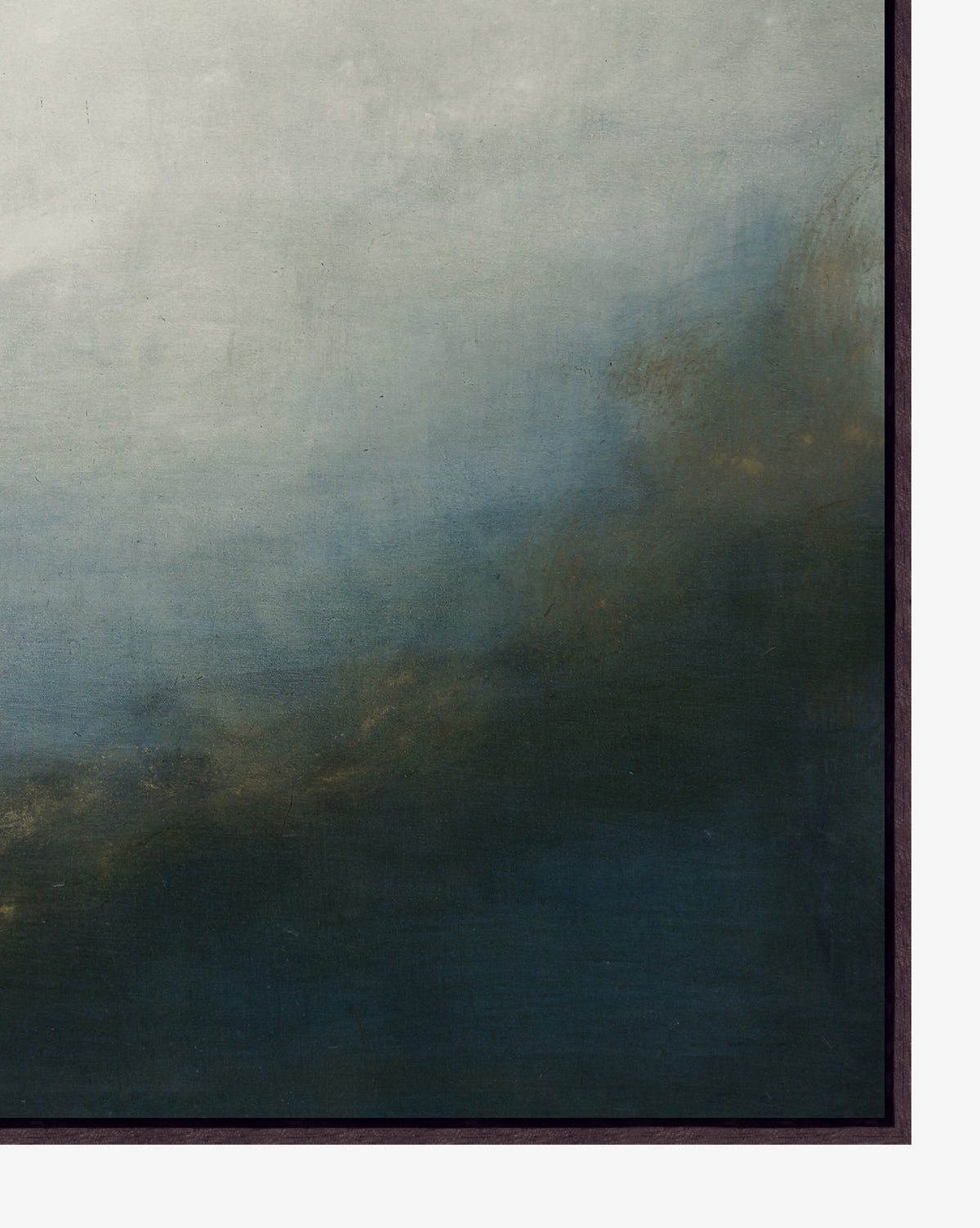 Veiled Horizon by Maggie Grier is a giclee print featuring soft gradients that blend dark blue and green at the bottom right into light gray and white at the top left, evoking a misty sky. Presented in a thin, dark border, by McGee & Co.