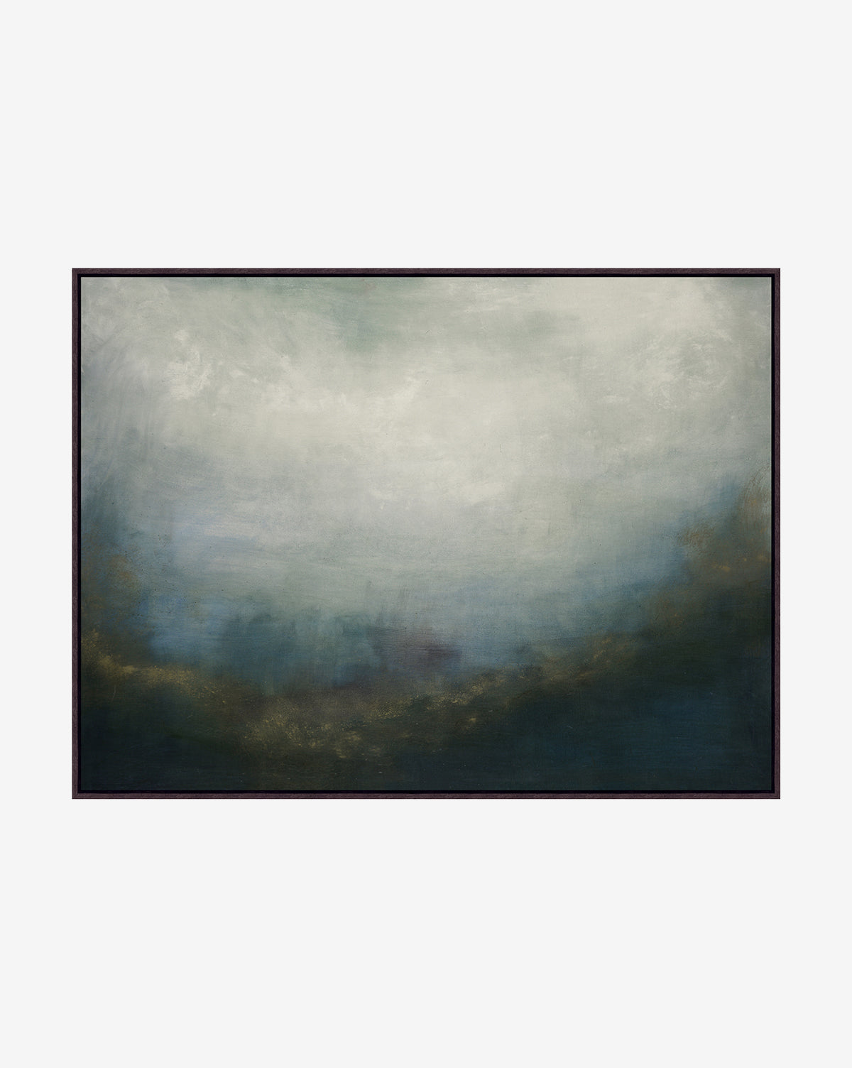Veiled Horizon by Maggie Grier features an abstract skyscape with soft white, blue, and green hues blending into a misty gradient from light to dark on gallery-wrapped canvas, by McGee & Co.
