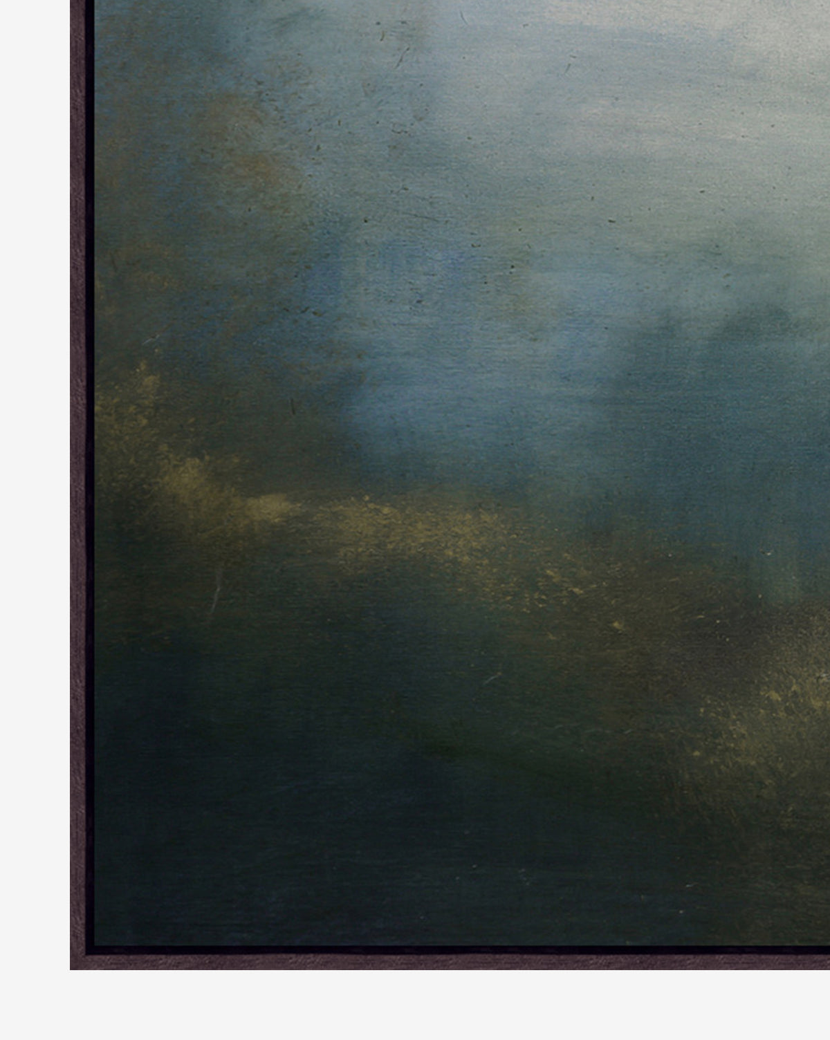 Veiled Horizon by Maggie Grier features blended blue, green, and gold tones that create a misty, tranquil effect across a gallery-wrapped canvas, evoking a dreamy abstract landscape by McGee & Co.