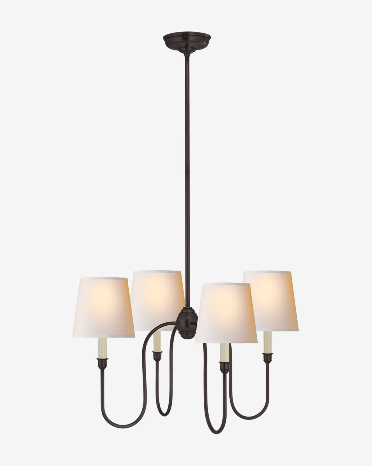 The Visual Comfort & Co. Signature Vendome Small Chandelier features a dark metal frame with four curved arms and linen shades, suspended by a straight rod and using candelabra bulbs for a timeless, elegant look. McGee & Co.