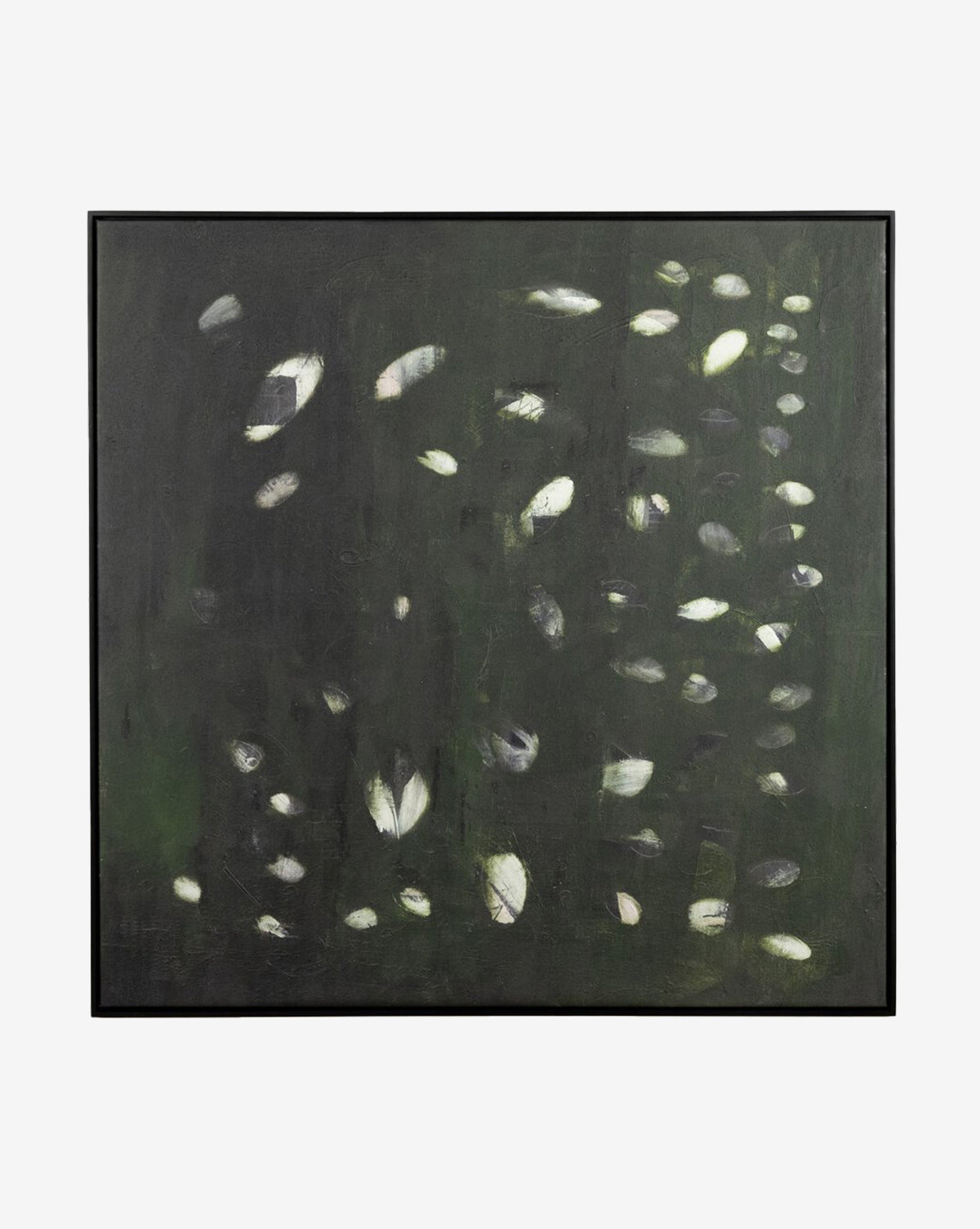 Verde Oculus by Jamie Beckwith features abstract wall art with a dark background and scattered white and light green oval shapes, resembling petals or leaves. It comes in a sleek black maple floater frame.