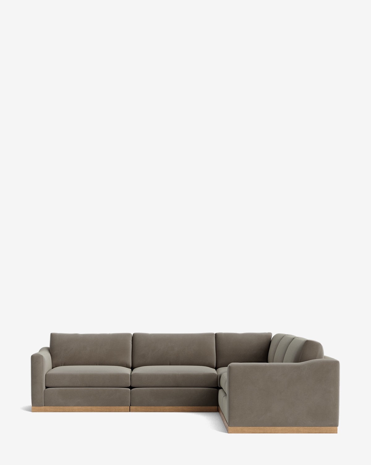 The Vernon Modular L Sectional 117.5 features gray upholstery and a light wooden base, displayed against a plain white background by McGee & Co.