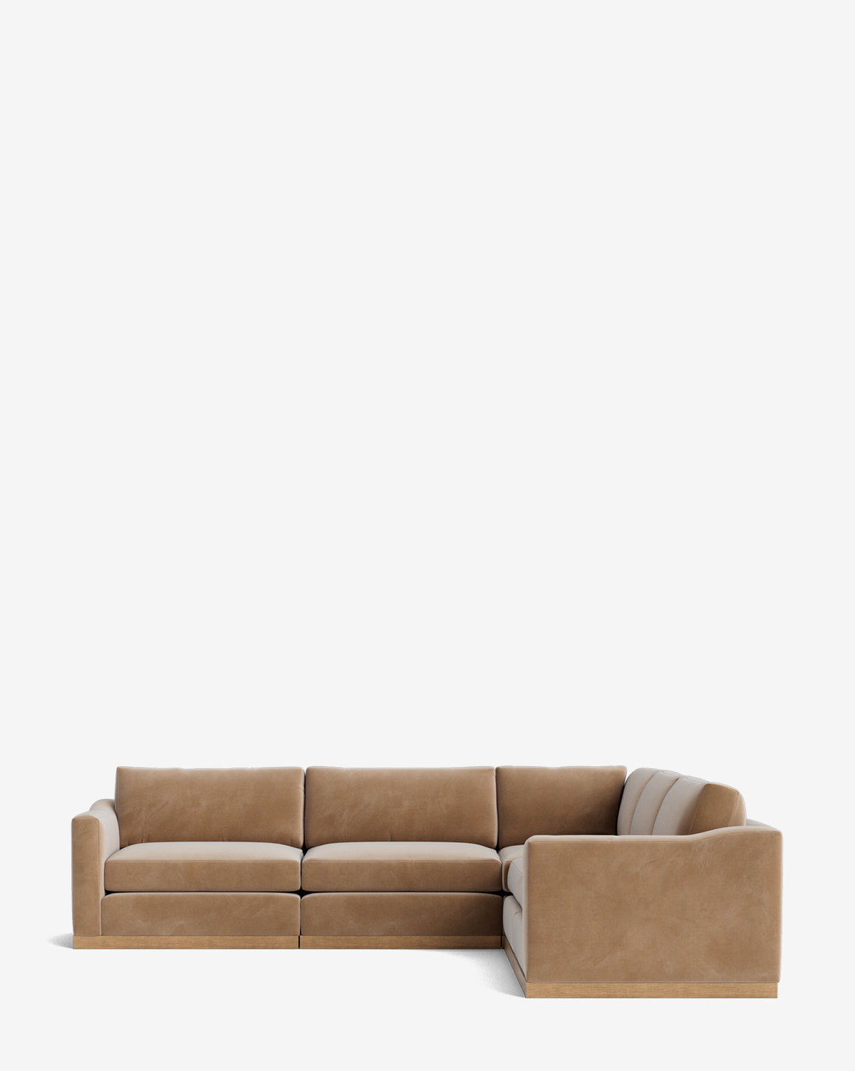 The Vernon Modular L Sectional 117.5 features clean lines, a minimalist design, light brown suede fabric, and low backrests, by McGee & Co. Shown against a plain white background.