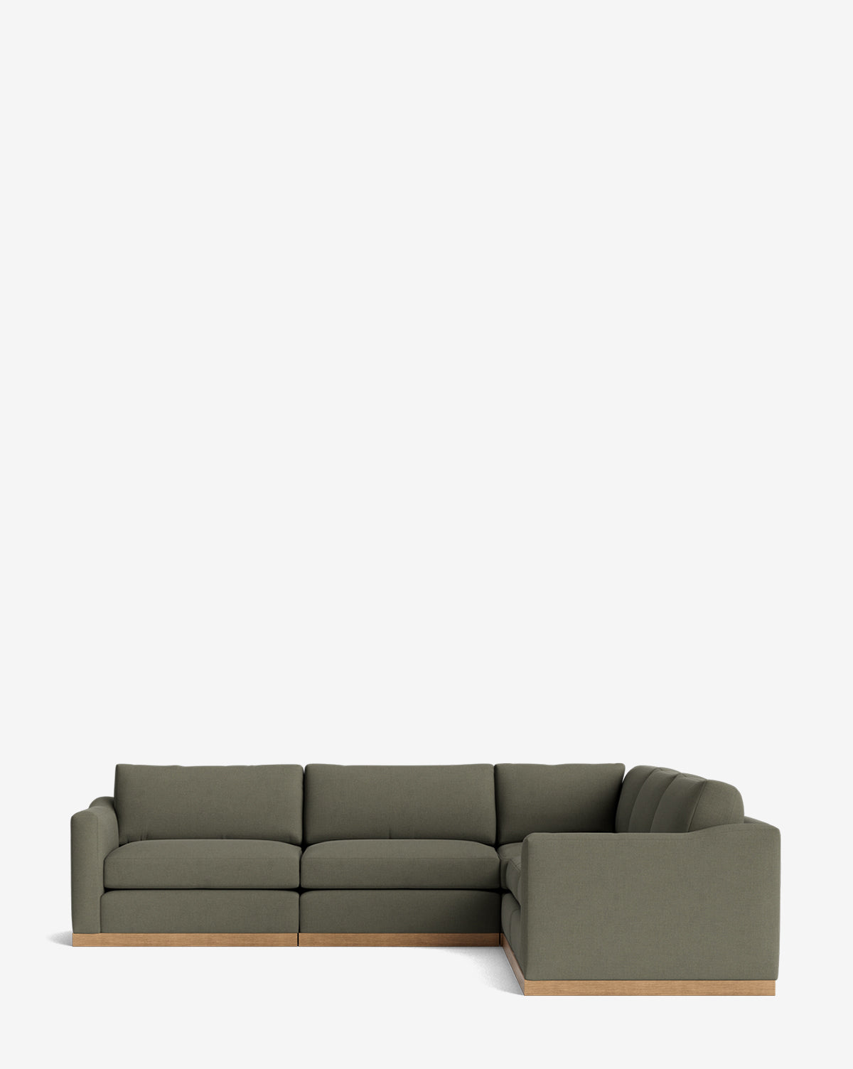 The Vernon Modular L Sectional 117.5 is a modern olive green velvet sofa with three seats and a chaise lounge on a low wooden base, forming an L-shape. It stands out beautifully against a plain white background, by McGee & Co.
