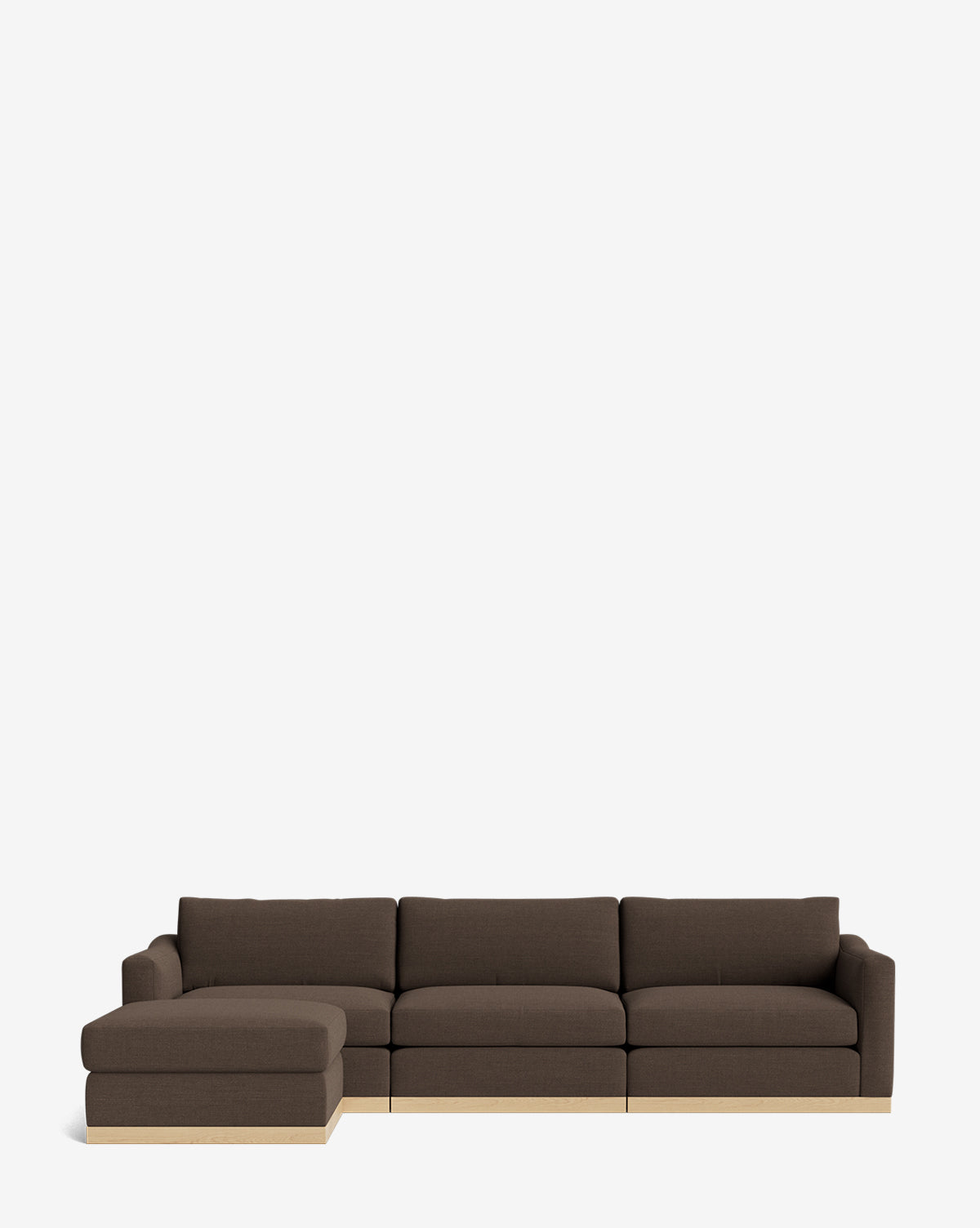 The Vernon Modular Sofa with Ottoman 121, in modern dark brown fabric and a wooden base, features a left-side chaise and is set against a plain white background, highlighting the elegance of customizable sofas, by McGee & Co.