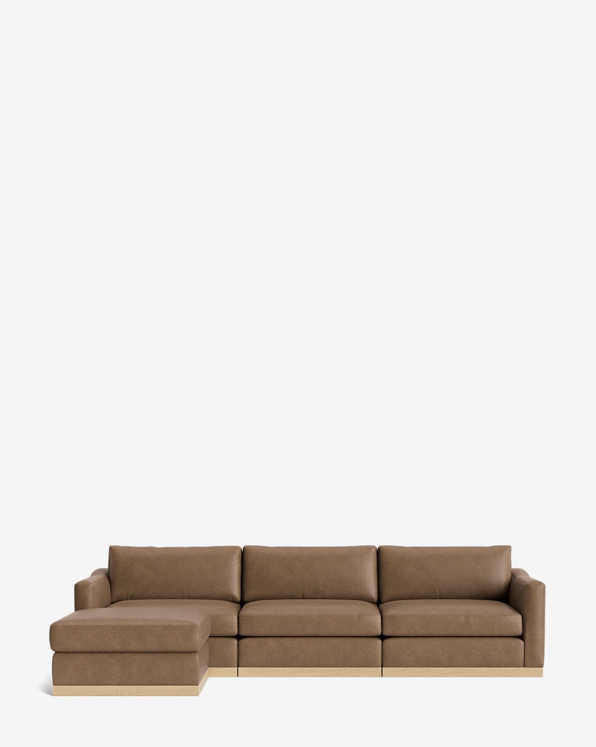 The Vernon Modular Sofa with Ottoman 121 is a modern brown sectional with a left-facing chaise, low backrest, wide seat cushions, and customizable fabric—perfect for any contemporary living space, by McGee & Co. Shown against a plain white background.