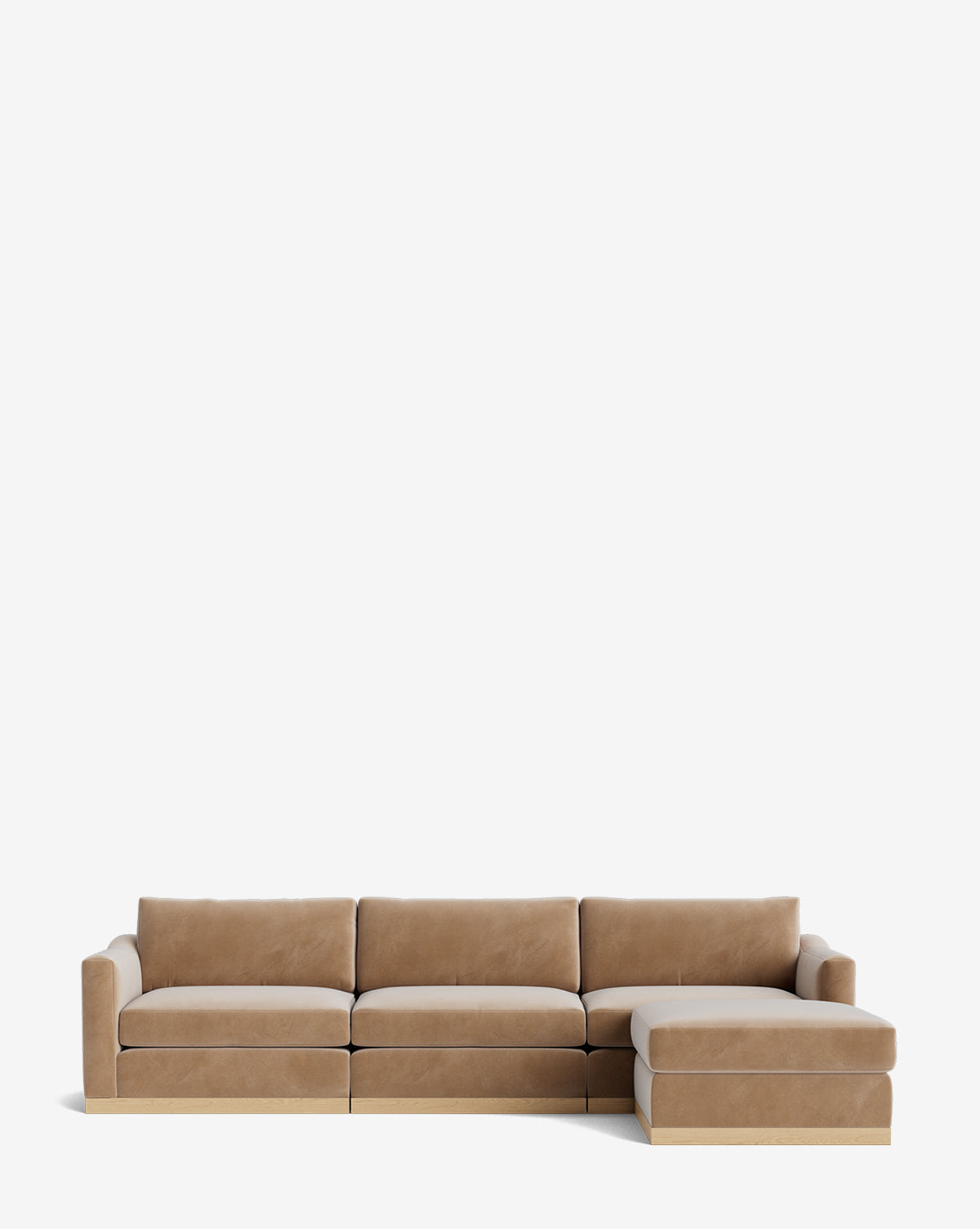 The Vernon Modular Sofa with Ottoman 121 is a modern, customizable fabric sofa featuring plush cushions, a minimalistic design, three seats, and a right-side chaise lounge—all set against a white background by McGee & Co.