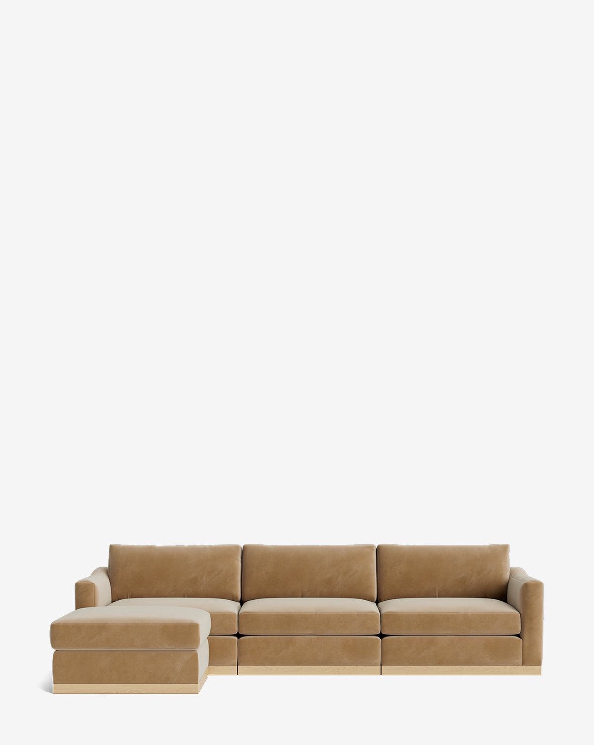 The Vernon Modular Sofa with Ottoman 121 is a tan sectional featuring three seat cushions, three back cushions, a left-side chaise lounge, and an ottoman, set against a plain white background by McGee & Co.