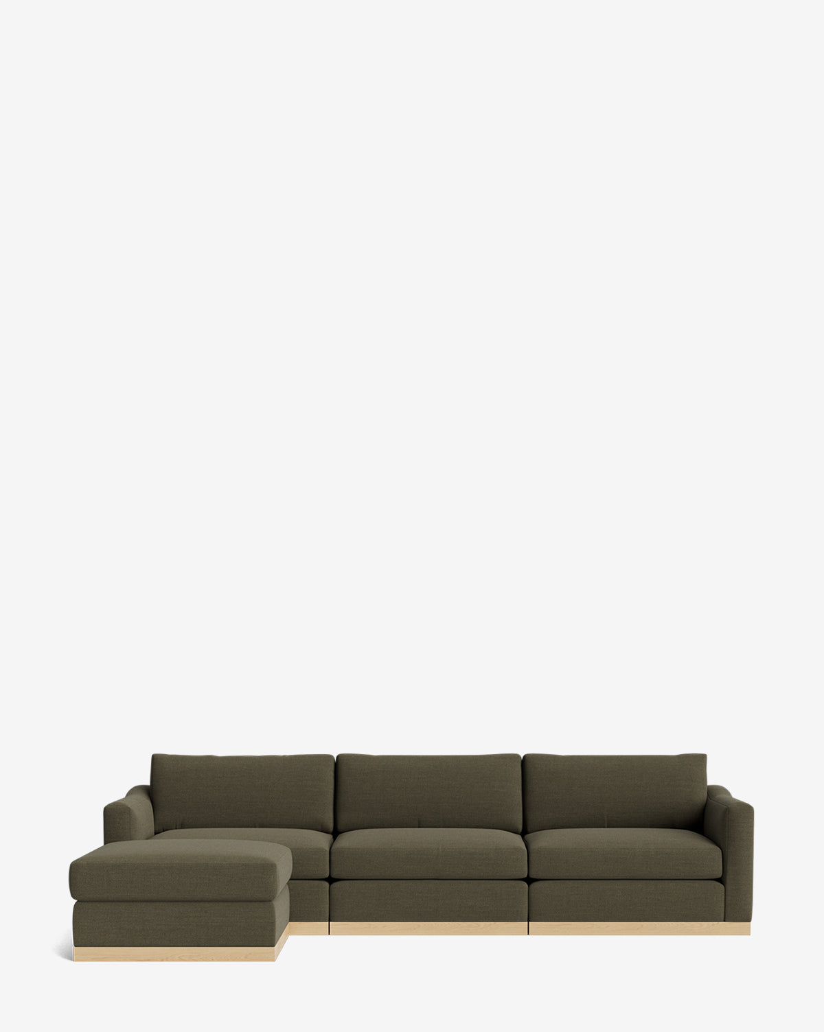 The Vernon Modular Sofa with Ottoman 121 is a modern, dark olive green fabric sofa featuring a left chaise, ottoman, wooden base, and clean lines, displayed against a plain white background by McGee & Co.