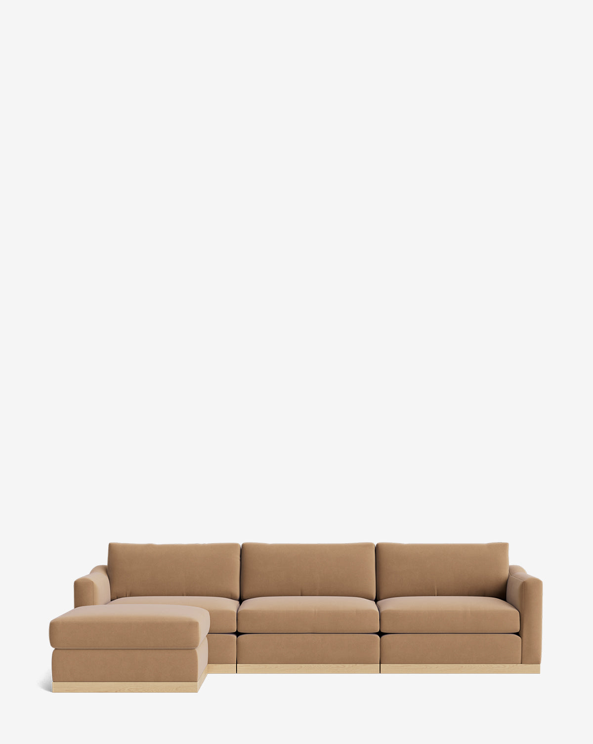 The Vernon Modular Sofa with Ottoman 121 is a customizable fabric sofa featuring three main seats and a left-side chaise lounge, set against a plain white background by McGee & Co.