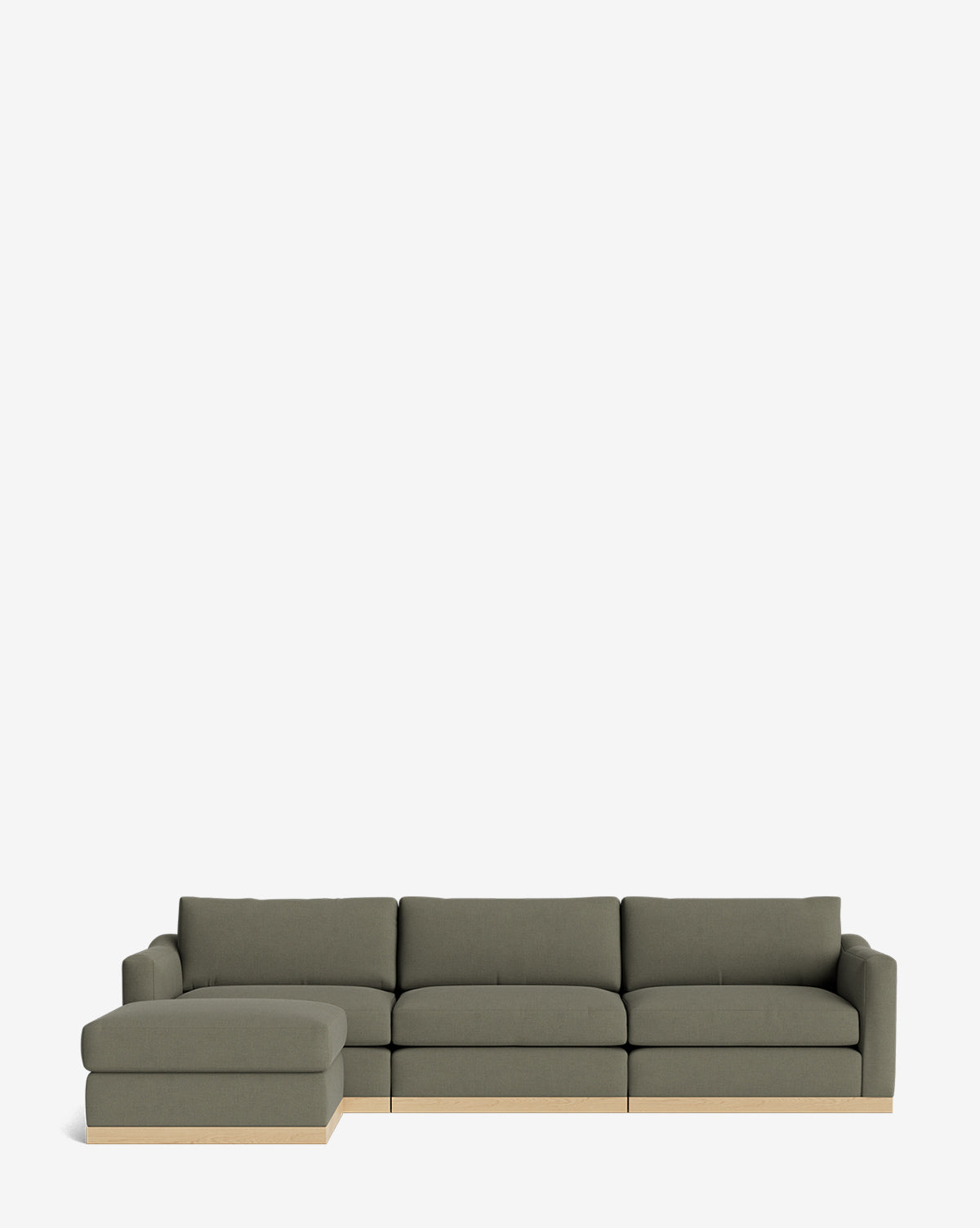 The Vernon Modular Sofa with Ottoman 121 features a modern olive-green design with a left-facing chaise, clean lines, and a light wooden base, by McGee & Co. Customizable fabric is shown set against a plain white background.