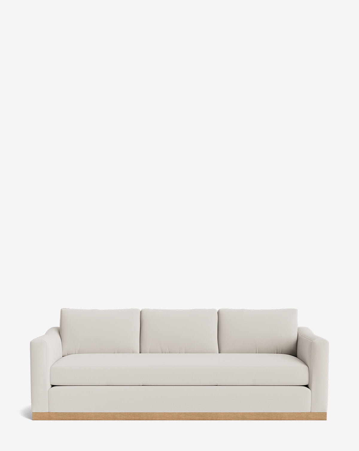 The Vernon Sofa 92 features light beige upholstery, straight arms, three seat and back cushions, and an alder wood frame base, all showcased against a plain white background by McGee & Co.
