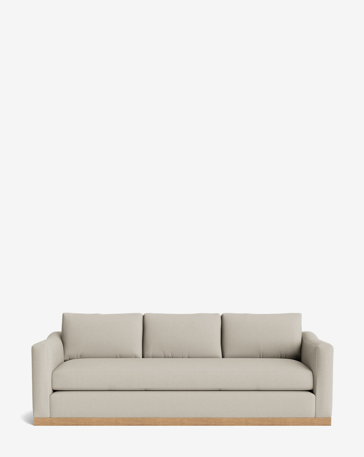 The Vernon Sofa 92 is a modern, light beige three-seater with square arms and an alder wood frame, featuring a sturdy wooden base, by McGee & Co.