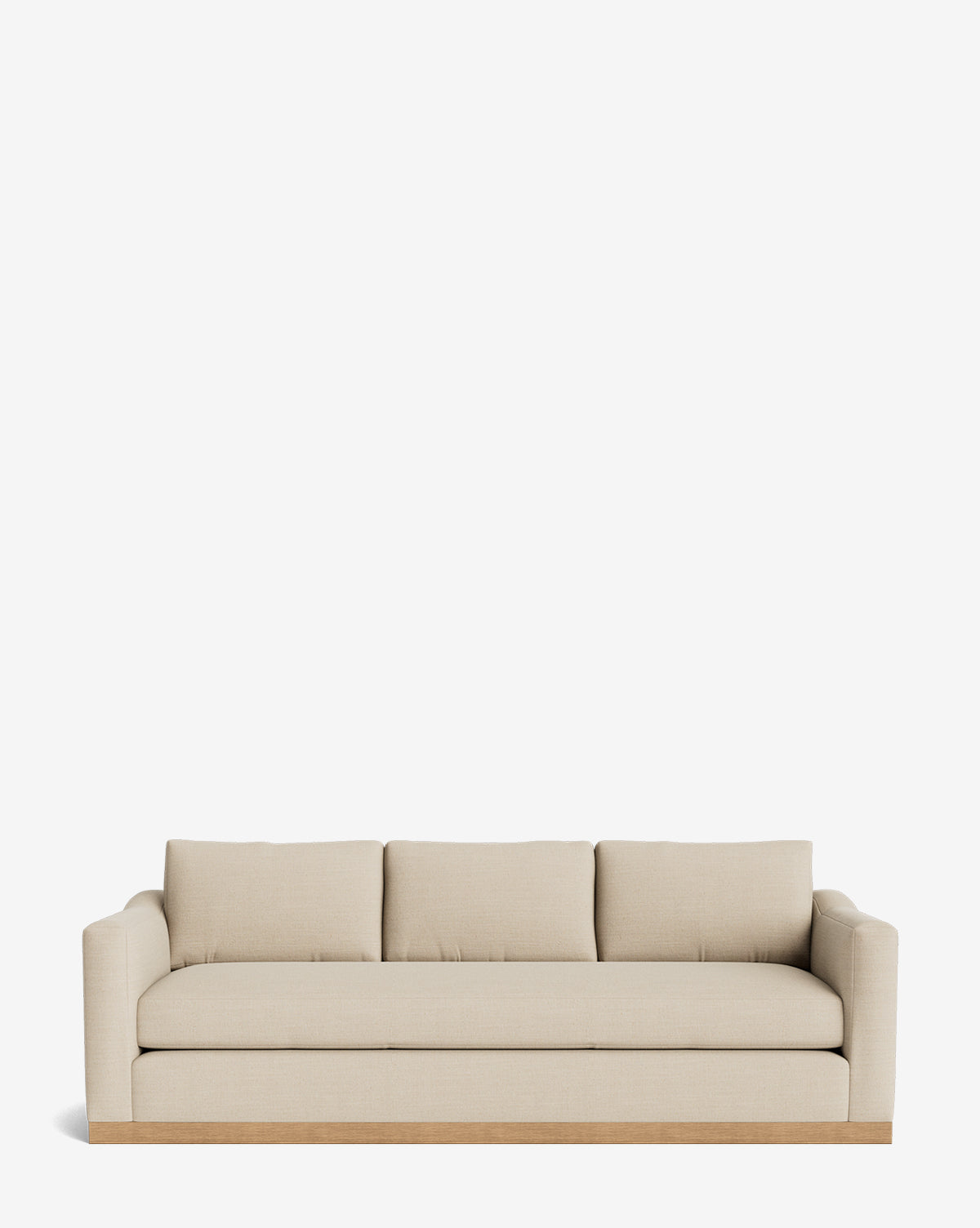 A Vernon Sofa 92 in beige with three cushions, a sturdy alder wood frame, and low square arms is centered against a plain white background, by McGee & Co.