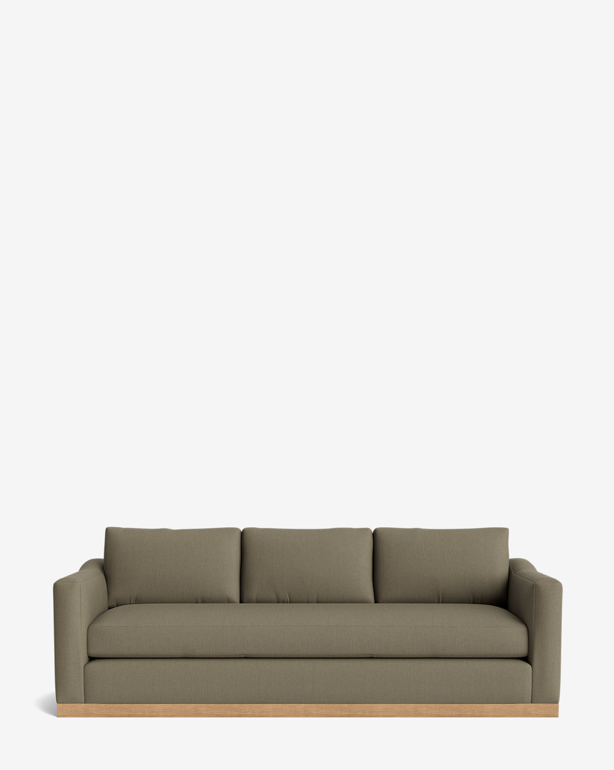The Vernon Sofa 92 features olive green velvet upholstery, three seat and back cushions, straight arms, and a light alder wood frame, displayed against a plain white background by McGee & Co.