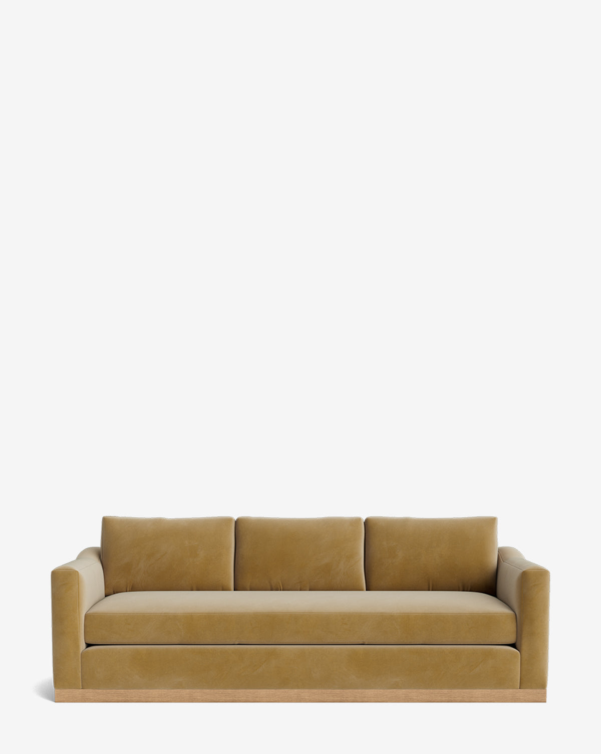 The Vernon Sofa 92 is a modern three-seater upholstered in mustard yellow velvet, featuring three seat and back cushions, wide square armrests, and a light alder wood frame. Shown against a plain white background by McGee & Co.