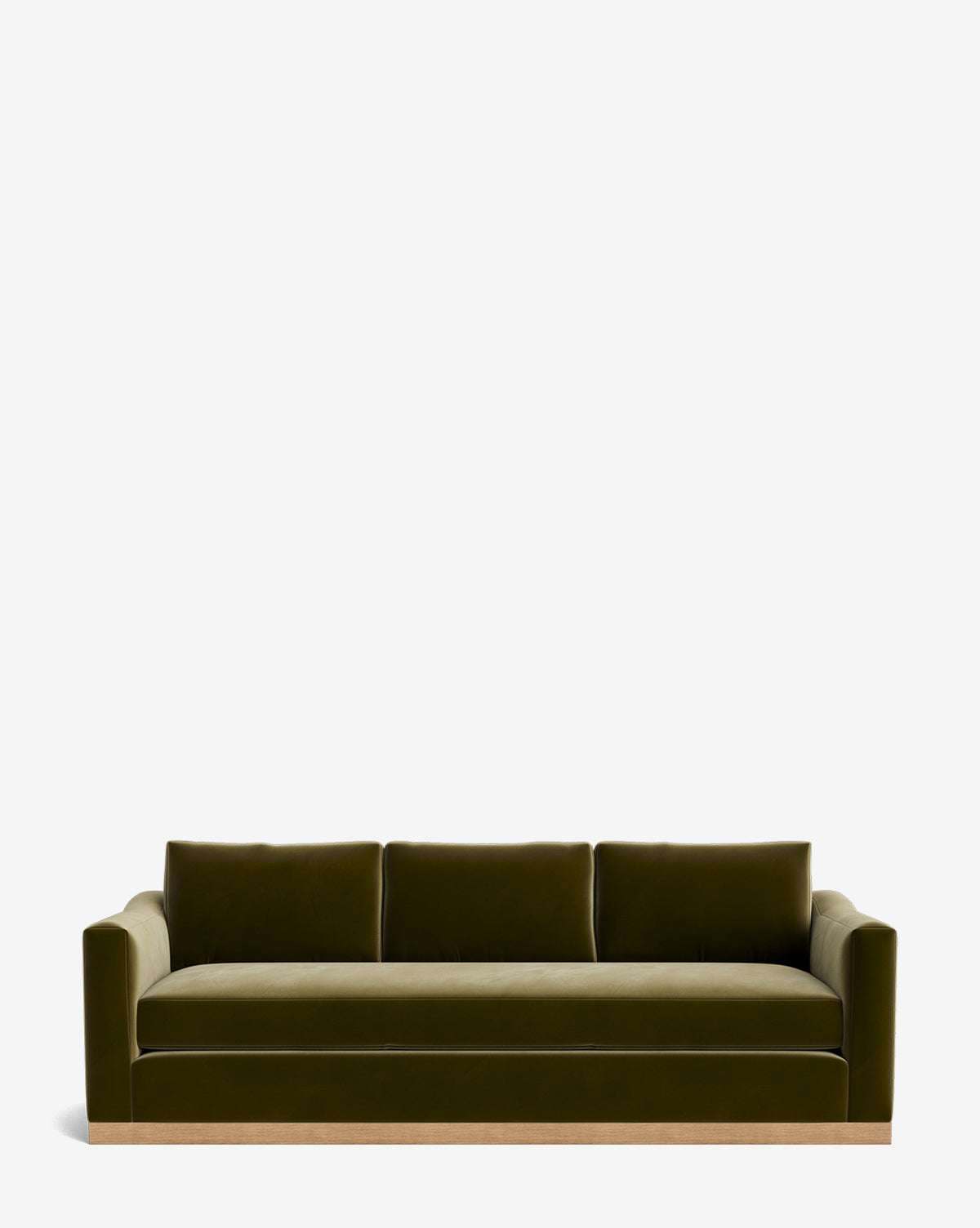 The Vernon Sofa 92 features modern olive green velvet upholstery, three seat cushions, straight armrests, and a light alder wood frame, shown against a plain white background by McGee & Co.