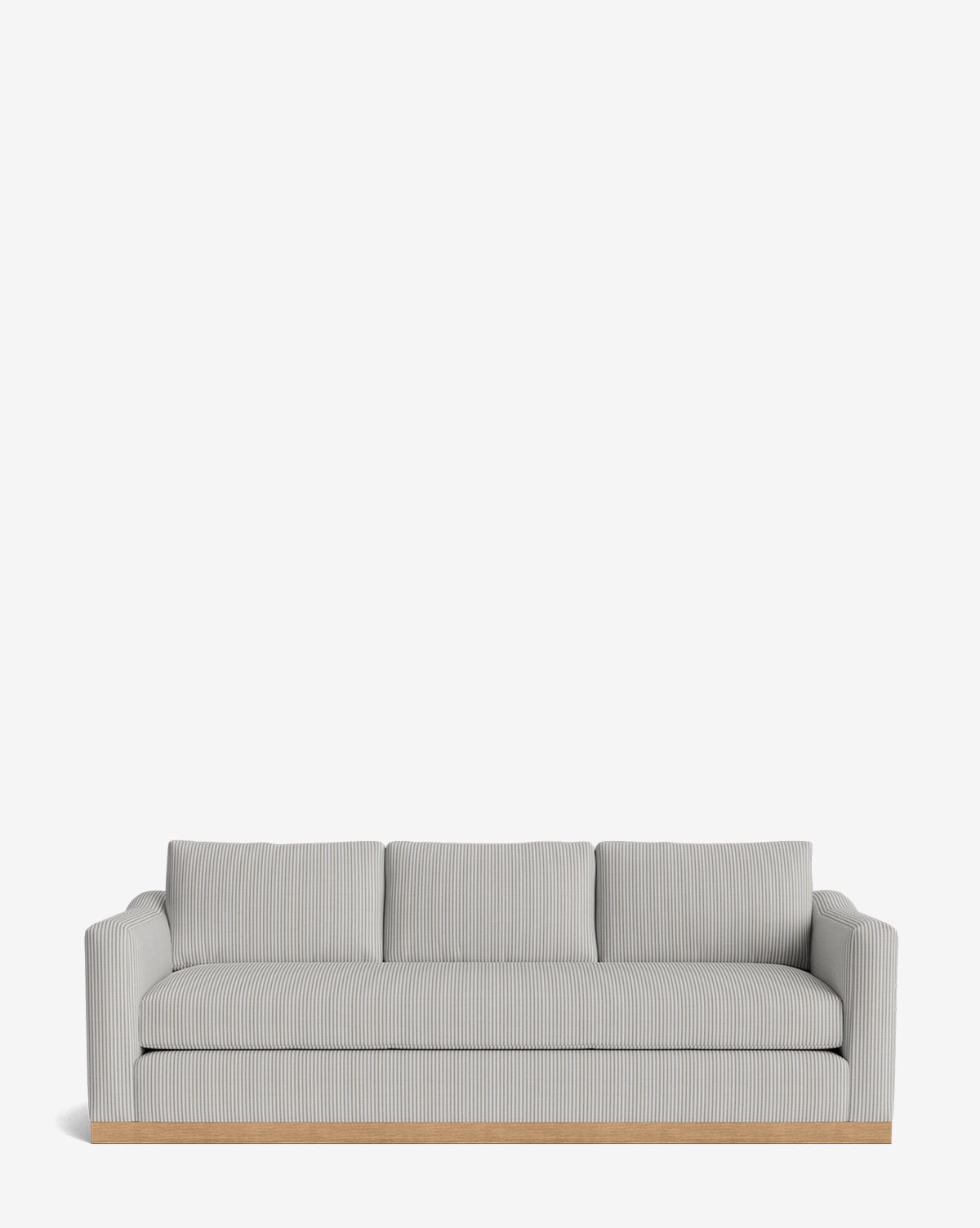 The Vernon Sofa 92 features light gray and white vertical stripes, three seat and back cushions, and an elegant alder wood frame, all set against a plain white background, by McGee & Co.