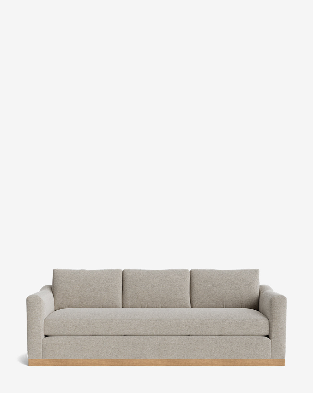 The Vernon Sofa 92 is a modern, light gray piece with an alder wood frame, three seat cushions, and three back cushions, shown against a plain white background by McGee & Co.