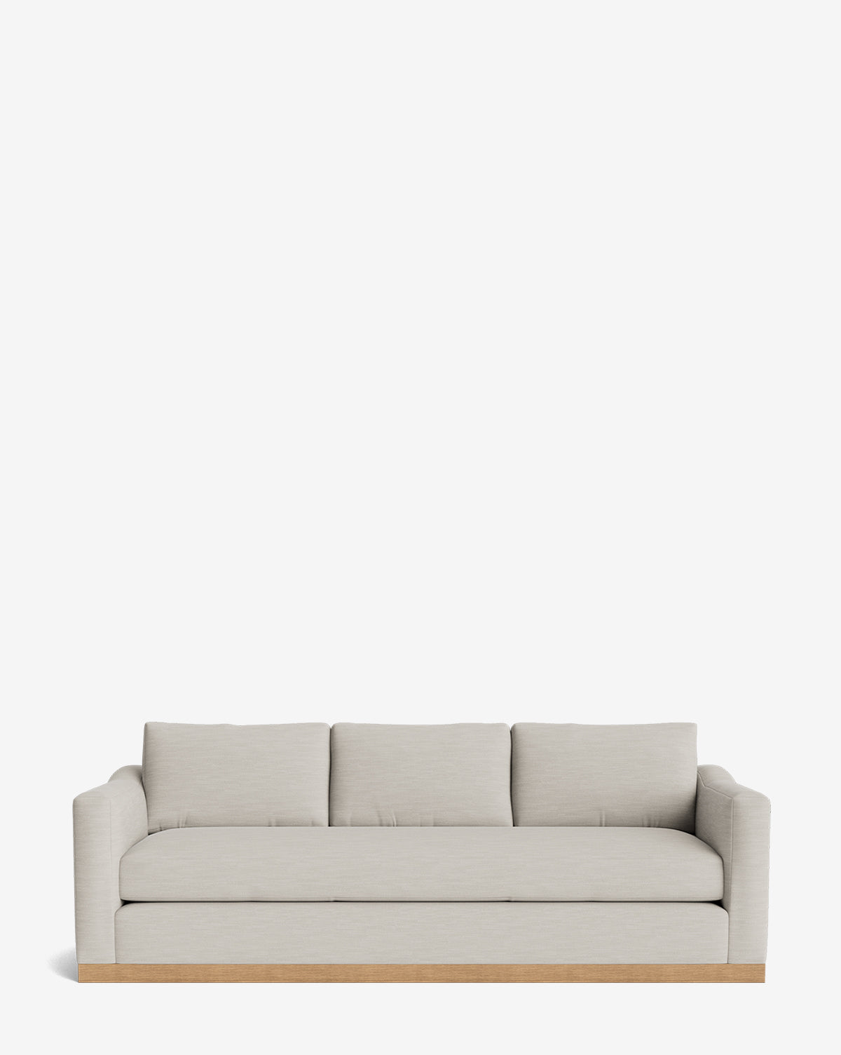 The Vernon Sofa 92 is a modern, light beige piece with three back cushions, low arms, and an alder wood frame, shown against a plain white background by McGee & Co.