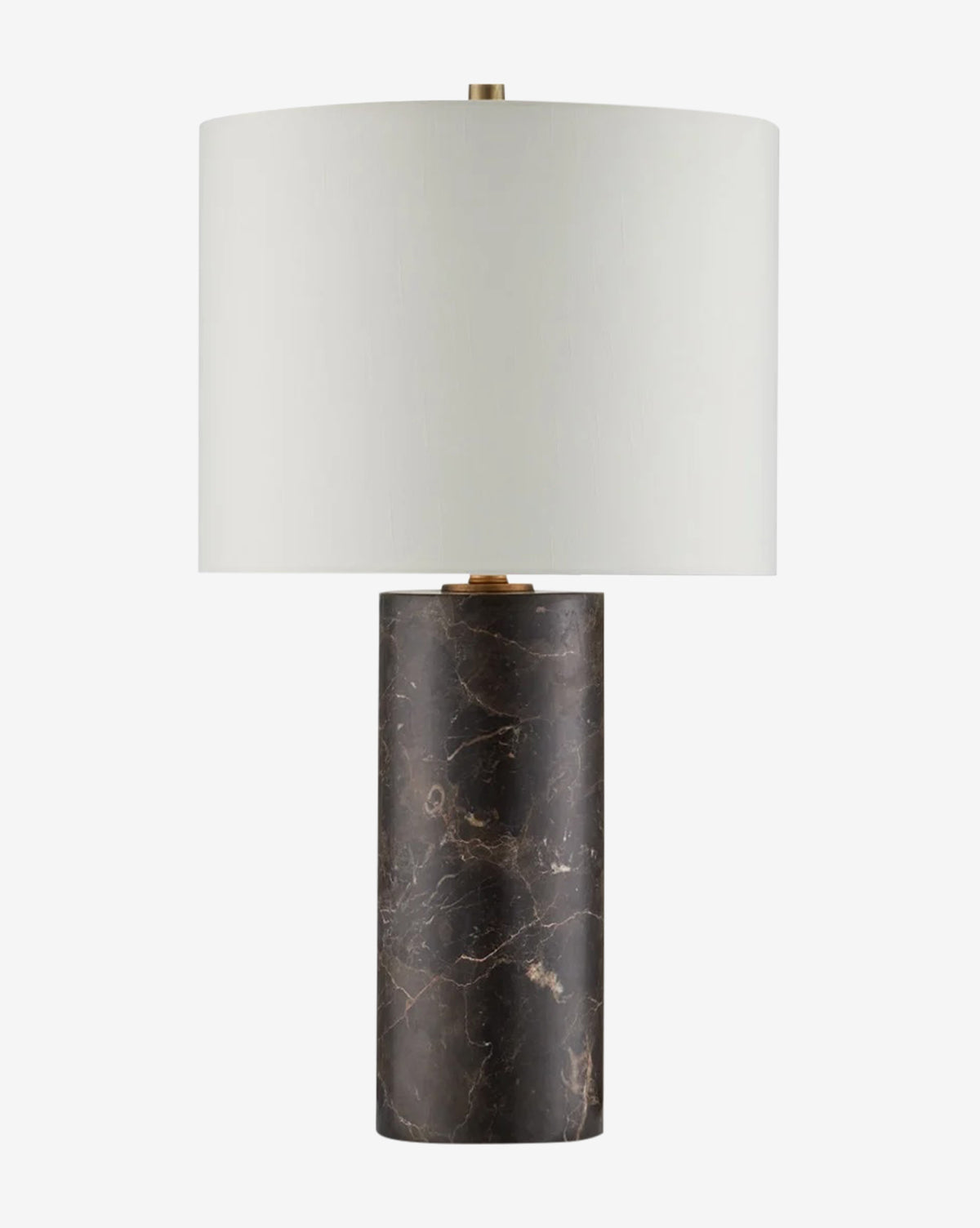 The Vespera Table Lamp features a cylindrical marble column base, antique brass accents, and a large white drum shade, by McGee & Co.